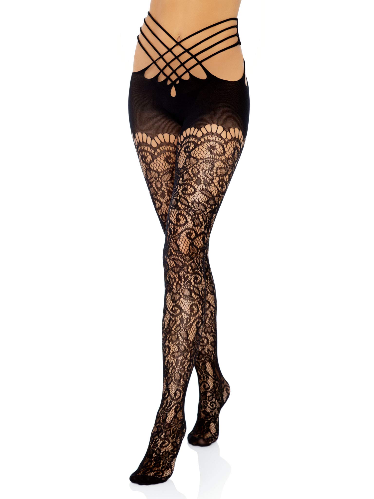 Vine Lace Strappy Tights - Open Back Crotchless for Party & Night Out