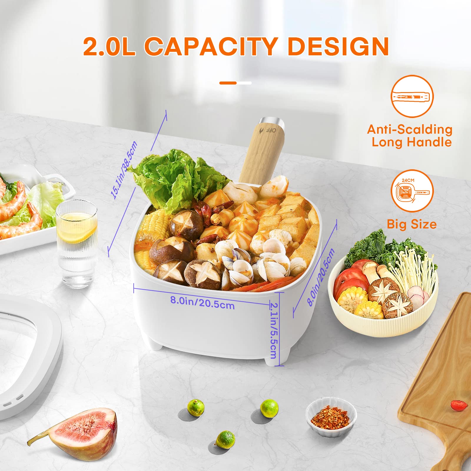 Audecook 2L Electric Hot Pot with Ceramic Non-Stick Coating | 8-Inch Portable Travel Cooker for Ramen, Steak, Fried Rice & Soup | Dual Power Control | Includes Silicone Spatula | Perfect for Dorm, Office, Camping & Small Kitchen Cooking