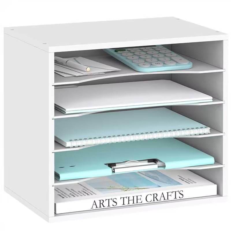 SUPEASY 5-Tier Wooden Desk Organizer - Wood Paper File & Mail Sorter for Office, School, Home - White | Perfect for Organizing Documents, Letters, Bills & Office Supplies on Your Desktop
