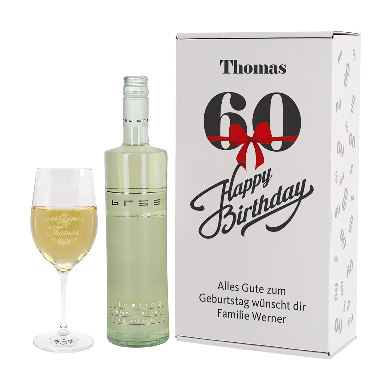 Herz & Heim® 60th Birthday Gift Set - Engraved Wine Glass with White Wine in Elegant Gift Box | Perfect for Anniversary, Retirement & Special Occasions