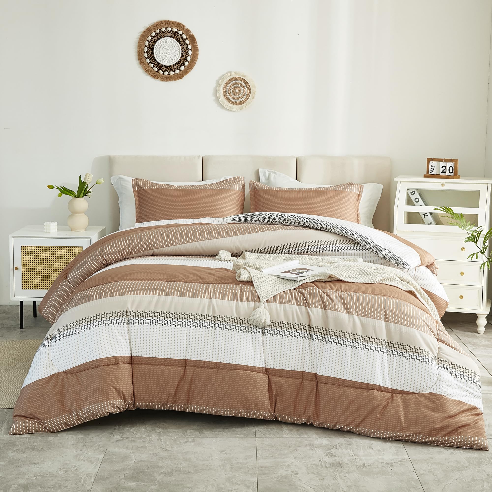 Litanika Beige California King Comforter Set - 3 Piece Lightweight Taupe Khaki White Colorblock Stripe Bedding | Soft & Fluffy Comforter for Cozy Sleep | Perfect for Master Bedroom, Guest Room & Luxury Hotel Decor
