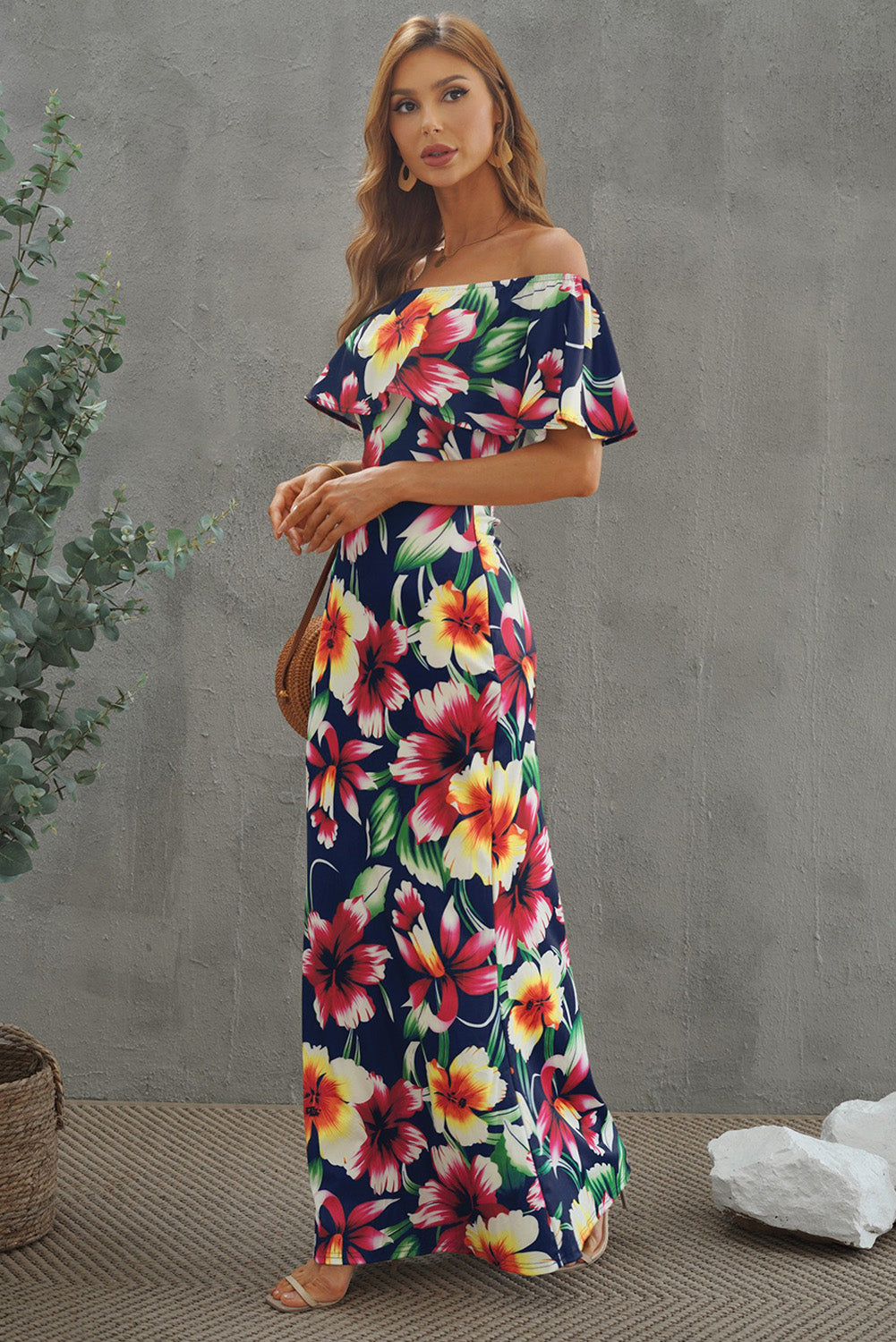 Floral Print Layered Off Shoulder Maxi Dress for Women - Summer Beach Wedding Party & Vacation Outfit