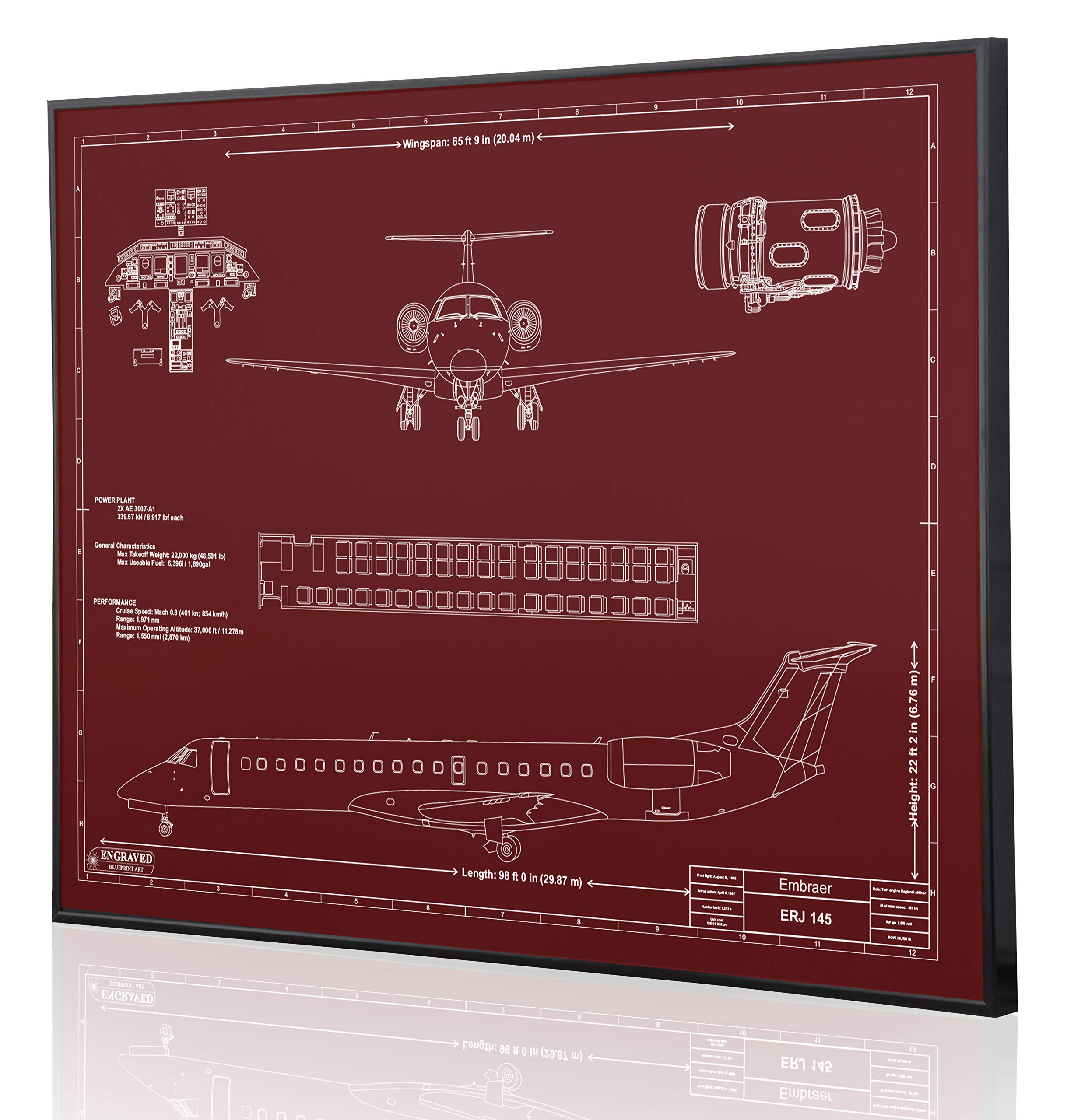 Embraer Regional Jet 145 Blueprint Artwork - Laser Engraved Personalized Aviation Gift for Pilots & Aviation Enthusiasts - Perfect for Home, Office Decor & Pilot Appreciation Gifts