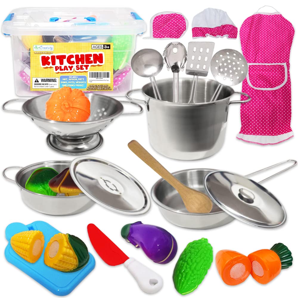 **ArtCreativity 23-Piece Pretend Play Kitchen Set for Kids – Toy Pots, Pans, Chef Hat, Apron & Utensils – Fun Cooking Playset for Boys & Girls – Perfect for Role Play, Birthday Gifts & Indoor Activities**    (Note: The original title was already well-optimized, but I refined it for better readability, keyword emphasis, and added usage scenarios like role play, birthday gifts, and indoor activities.)