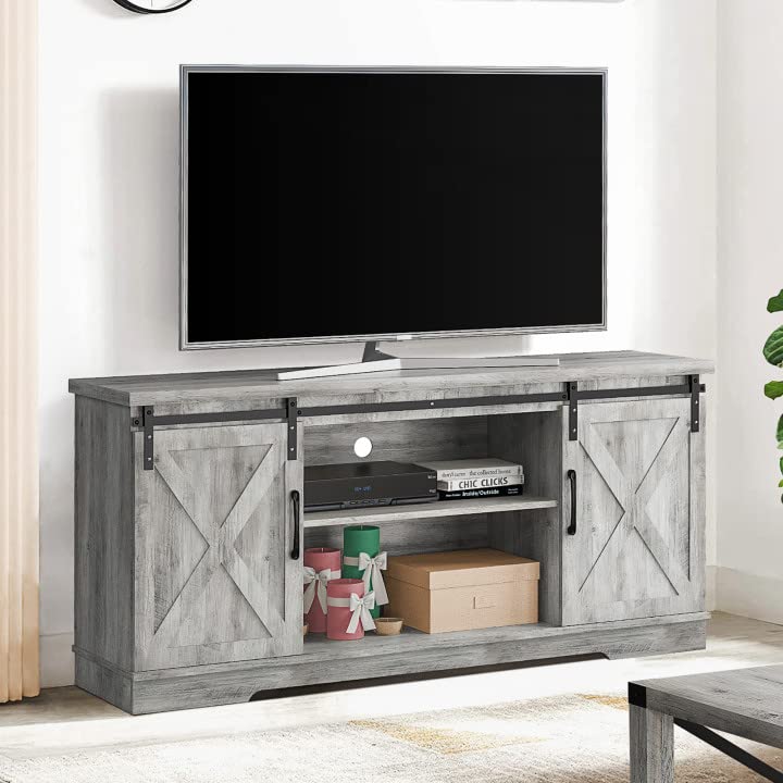 Farmhouse TV Stand for 65 55 Inch TV - Modern Wooden Entertainment Center with Sliding X Barn Door & Storage - 58 Inch Rustic Gray TV Console - Perfect for Living Room, Bedroom & Home Theater Setup