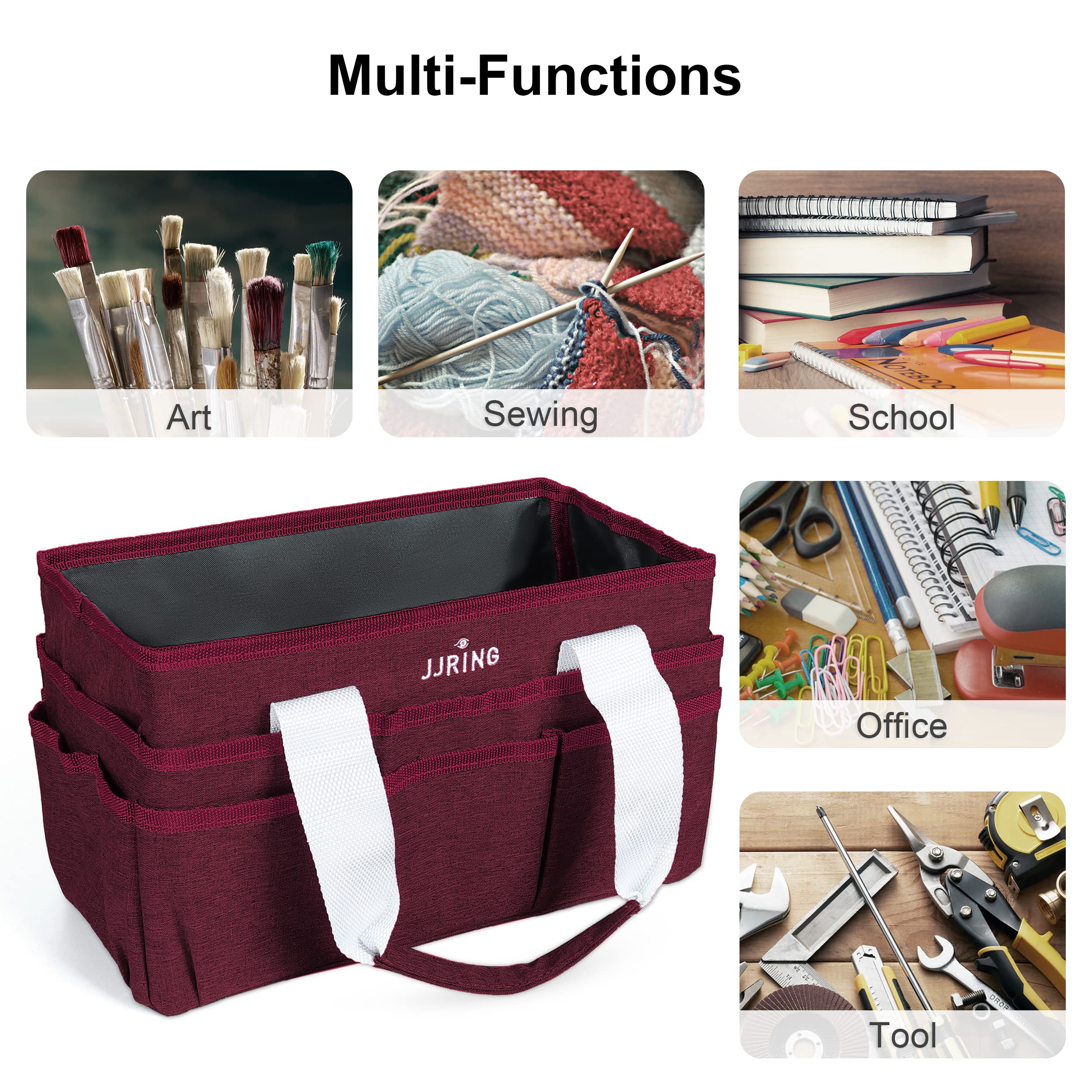 JJRING Craft Organizer Tote Bag with Multiple Pockets - Dark Red Art Storage Caddy for Sewing, Scrapbooking, School, Medical & Office Supplies | Perfect for Artists, Students & Professionals