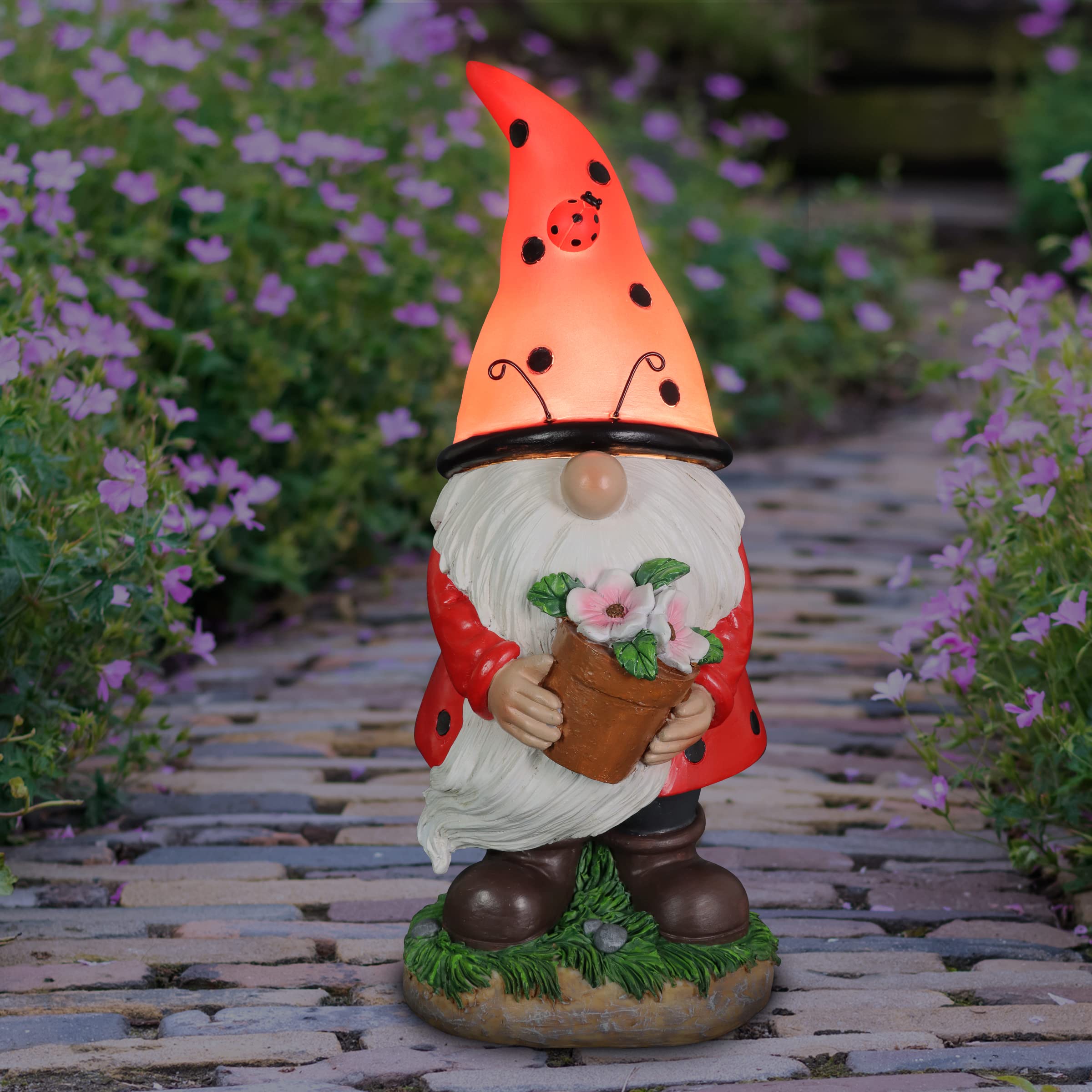 Exhart Solar-Powered Ladybug Gnome Statue with LED Lights & Pink Flower Pot – 5 x 5.5 x 12.5 Inch Outdoor Garden Decor for Lawn, Yard & Patio | Weather-Resistant LED Solar Garden Sculpture for Home, Pathway & Flower Bed Decoration