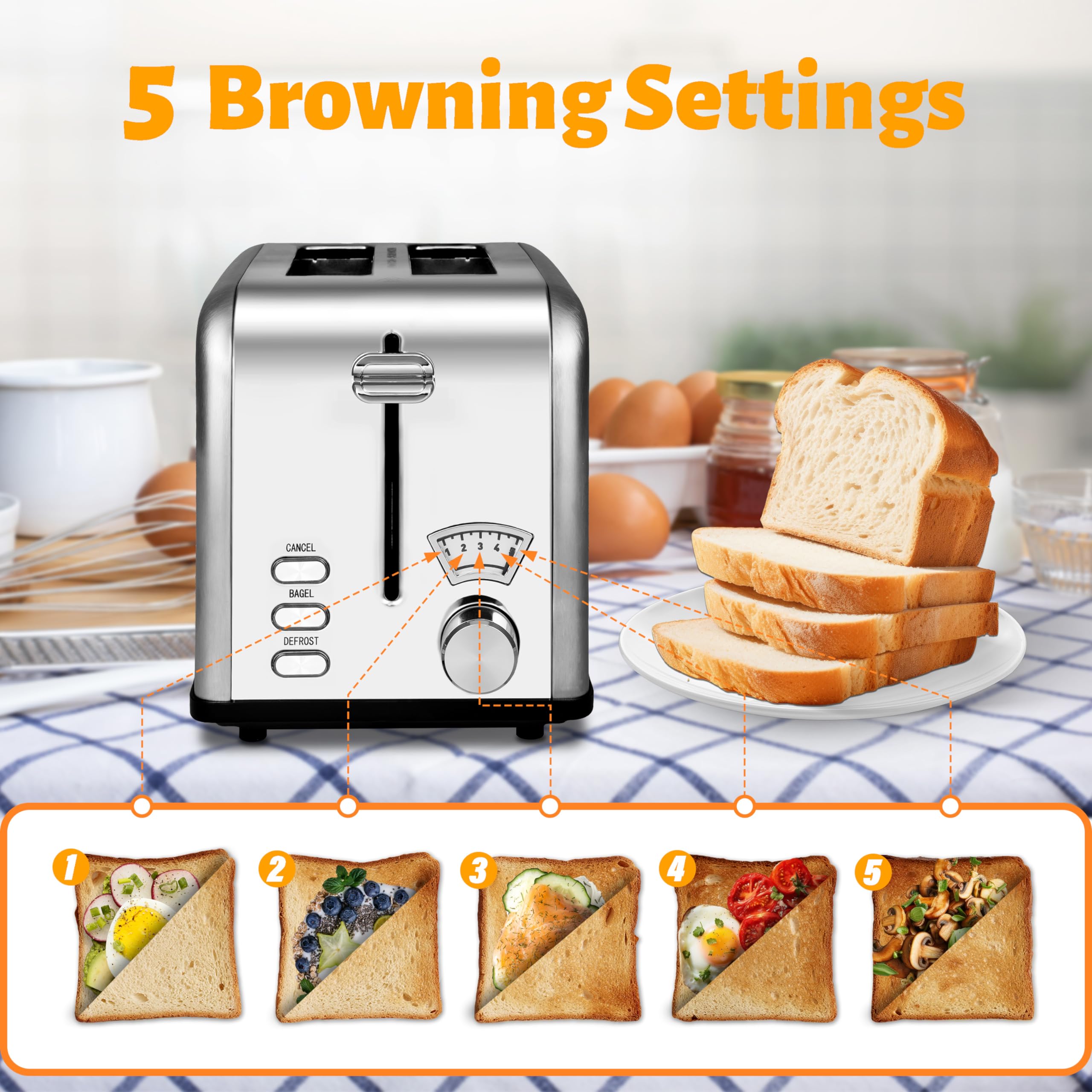 HealSmart 2 Slice Stainless Steel Toaster - Extra Wide Slots, Removable Crumb Tray, 5 Shade Settings | Bagel, Defrost & Cancel Functions | Retro Compact Design for Bread, Waffles, Bagels & Pastries | Perfect for Kitchens, Dorms, Offices & Small Spaces (Silver)