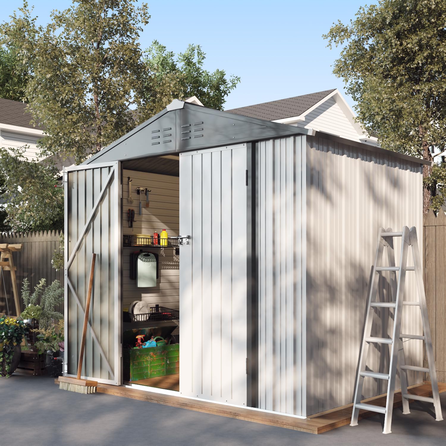 Greesum 8FT x 6FT Metal Outdoor Storage Shed - Heavy Duty Steel Utility Tool Shed with Secure Door Lock - Weather Resistant Garden Shed for Backyard, Patio, Lawn Equipment Storage (White) - Perfect for Storing Lawn Mowers, Gardening Tools & Outdoor Furniture