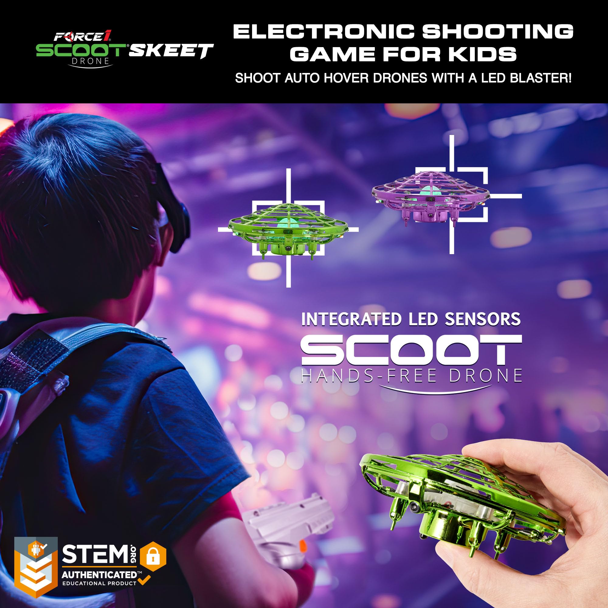 Force1 Scoot Skeet 3pk Mini Drone Set with LED Toy Gun - Electronic Shooting Target Game for Kids & Adults, Indoor Flying Ball Toys (Purple/Green) - Perfect for Birthday Gifts, Family Game Nights & STEM Learning Activities