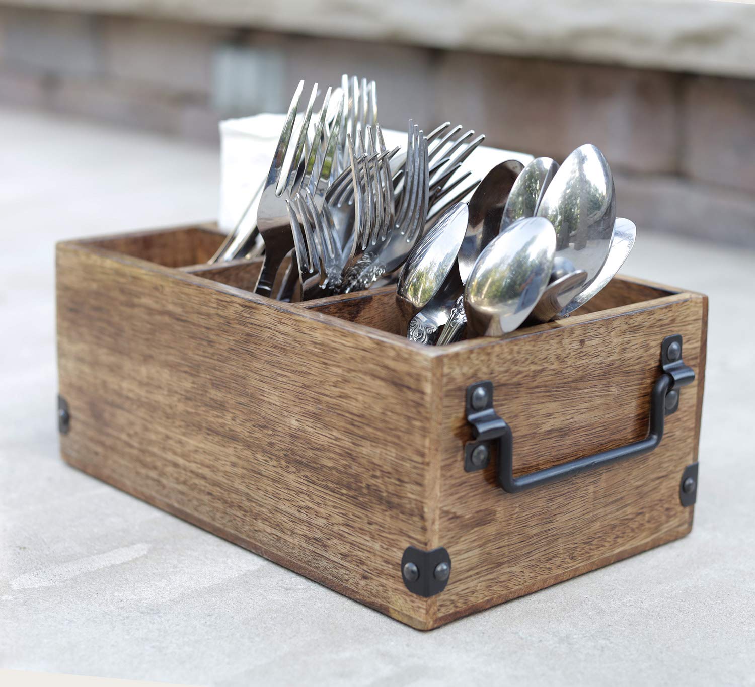 Premium Mango Wood Utensil Caddy - Spoons, Forks, Knives & Napkin Organizer - Kitchen Countertop Storage (10.5
