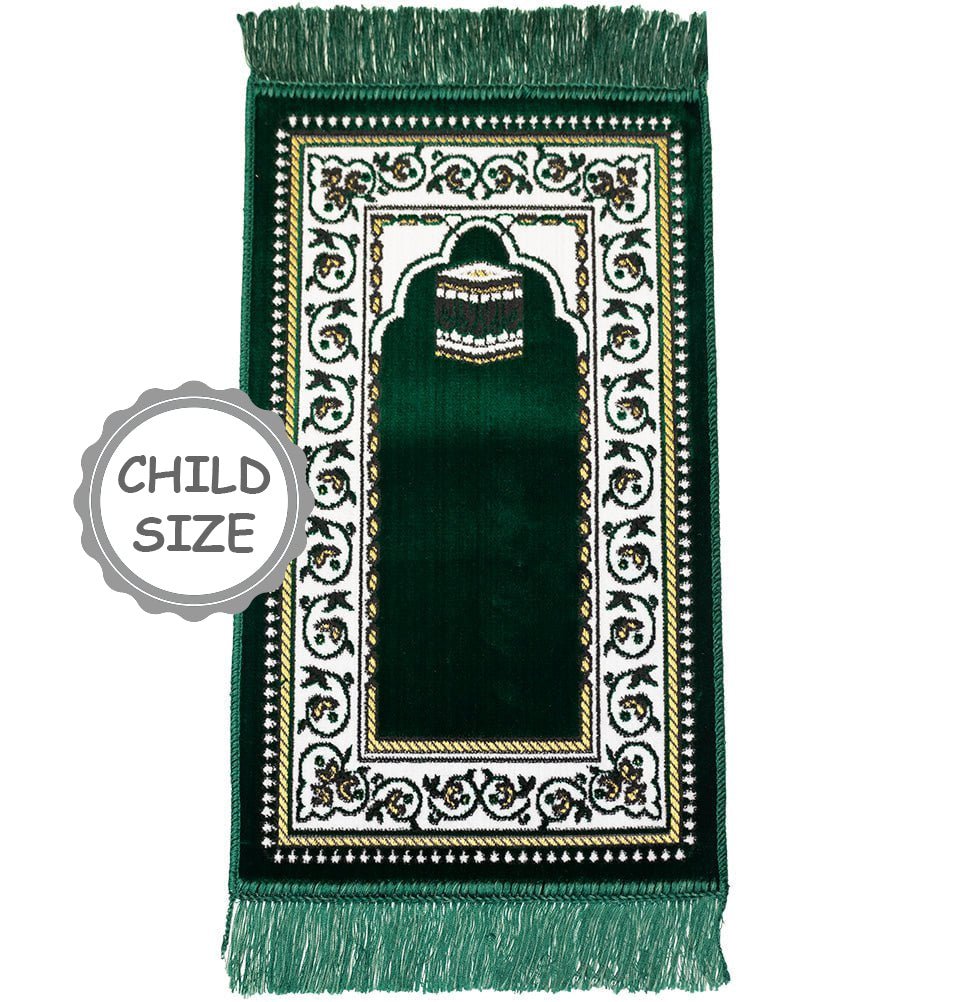 Premium Child Velvet Islamic Prayer Rug KB1 Green - Soft Kids Prayer Mat for Home, Mosque & Travel - Perfect Gift for Muslim Children