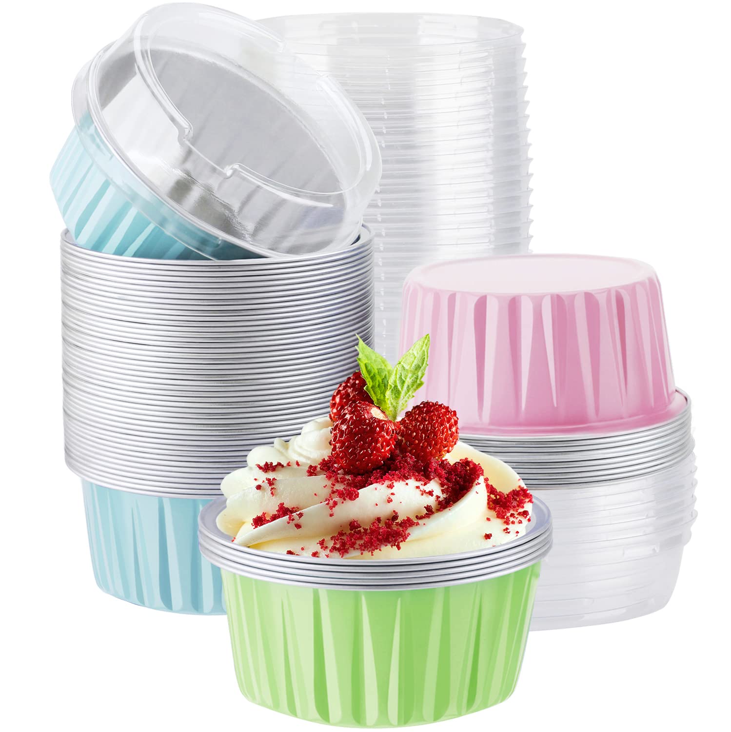 EUSOAR 60-Pack 5oz Disposable Aluminum Foil Ramekins with Lids - Mini Baking Cups for Cupcakes, Desserts, Cheesecake & Creme Brulee - Perfect for Catering, Parties, Weddings & Home Baking
