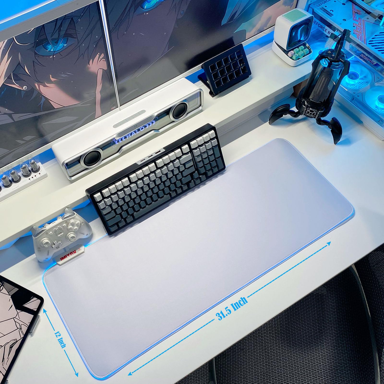JMIYAV White RGB Gaming Mouse Pad - Non-Slip Rubber Base, Extra Large (31.5x12 Inches) LED Light Up Mousepad for PC, Computer Desk - Perfect for Gamers, Office Work & Home Use | Cool XXL Extended Mouse Mat Accessories