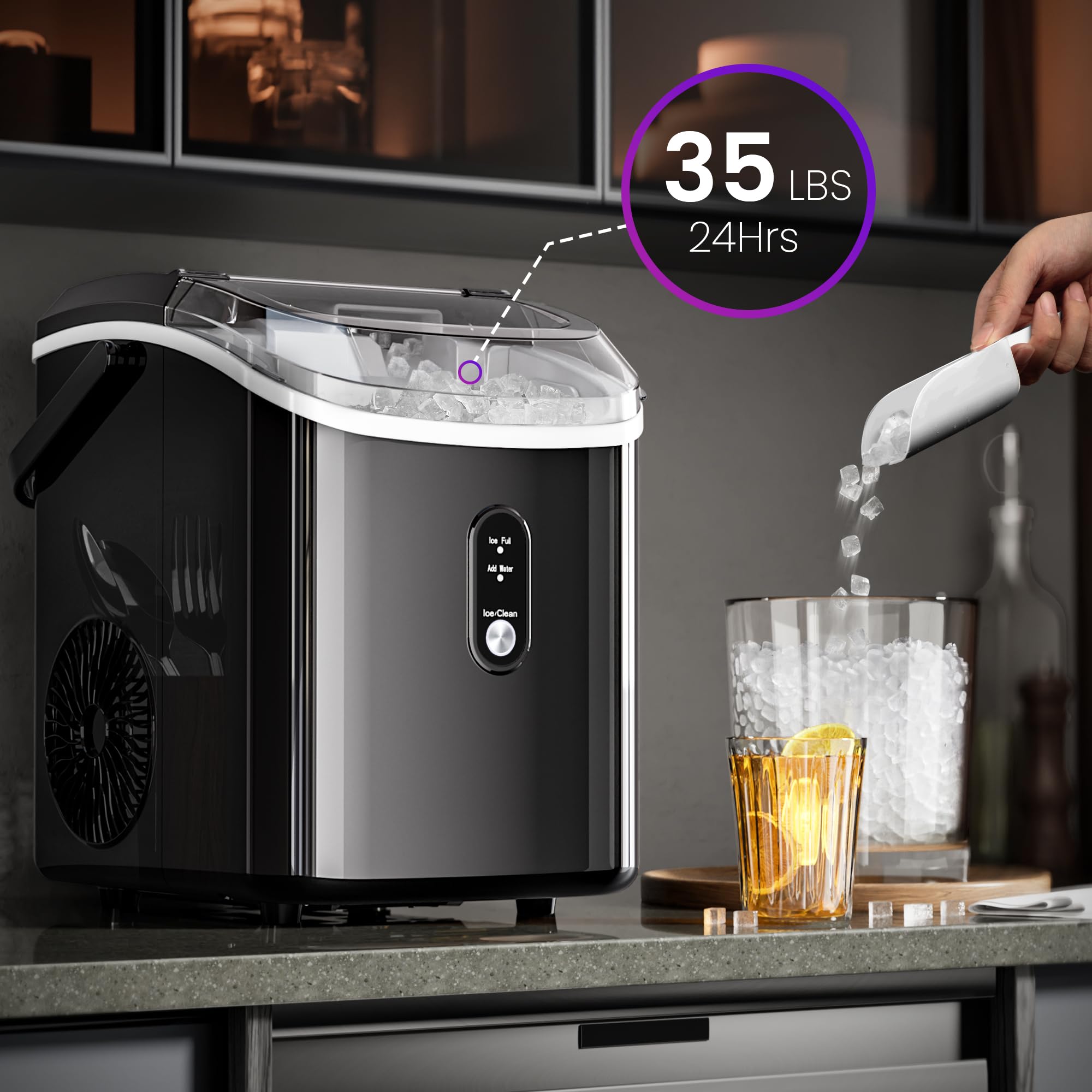 Portable Countertop Nugget Ice Maker - 35lbs/Day Crushed & Sonic Pellet Ice Machine with One-Touch Operation, Compact Design & Handle - Perfect for Home, Office, Bar, RV & Outdoor Parties (Black)