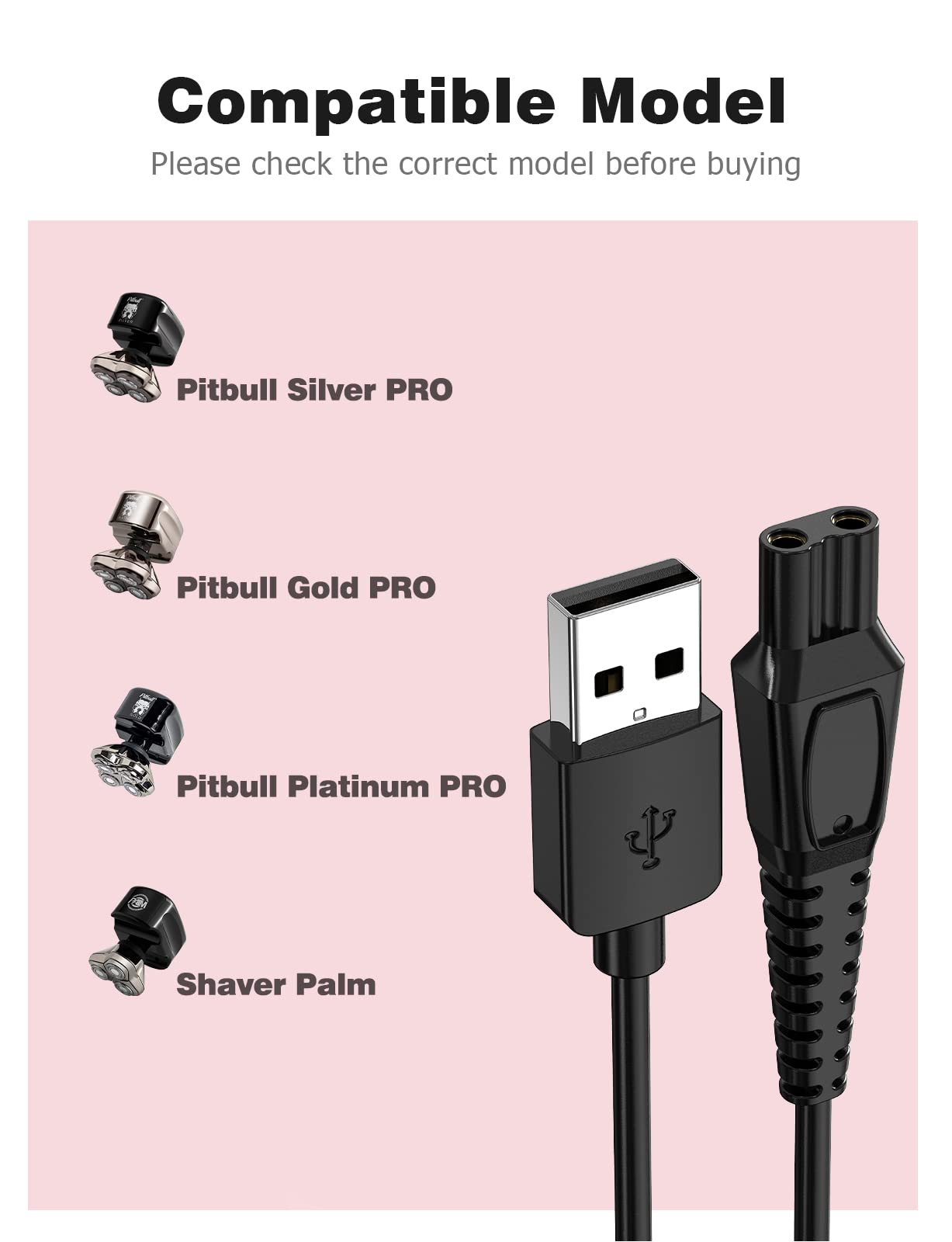 Original Skull Pitbull Charger Replacement - Mellbree USB Charging Cable Compatible with Skull Pitbull Electric Head & Face Shaver - Perfect for Home, Travel & Gym Use