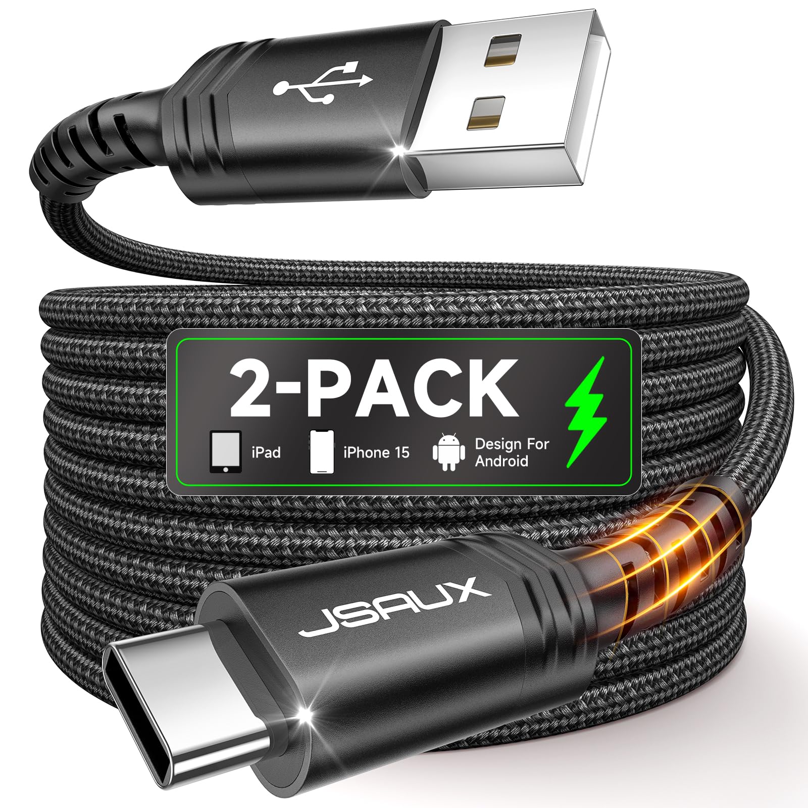 JSAUX [2-Pack 3.3ft] USB C to USB A Cable 3.1A Fast Charging Cord - Compatible with iPhone 16/16 Plus/16 Pro/16 Pro Max/15 Series, Samsung Galaxy S20/S10/S9, Note 20/10, CarPlay - Black | Perfect for Home, Office & Car Charging