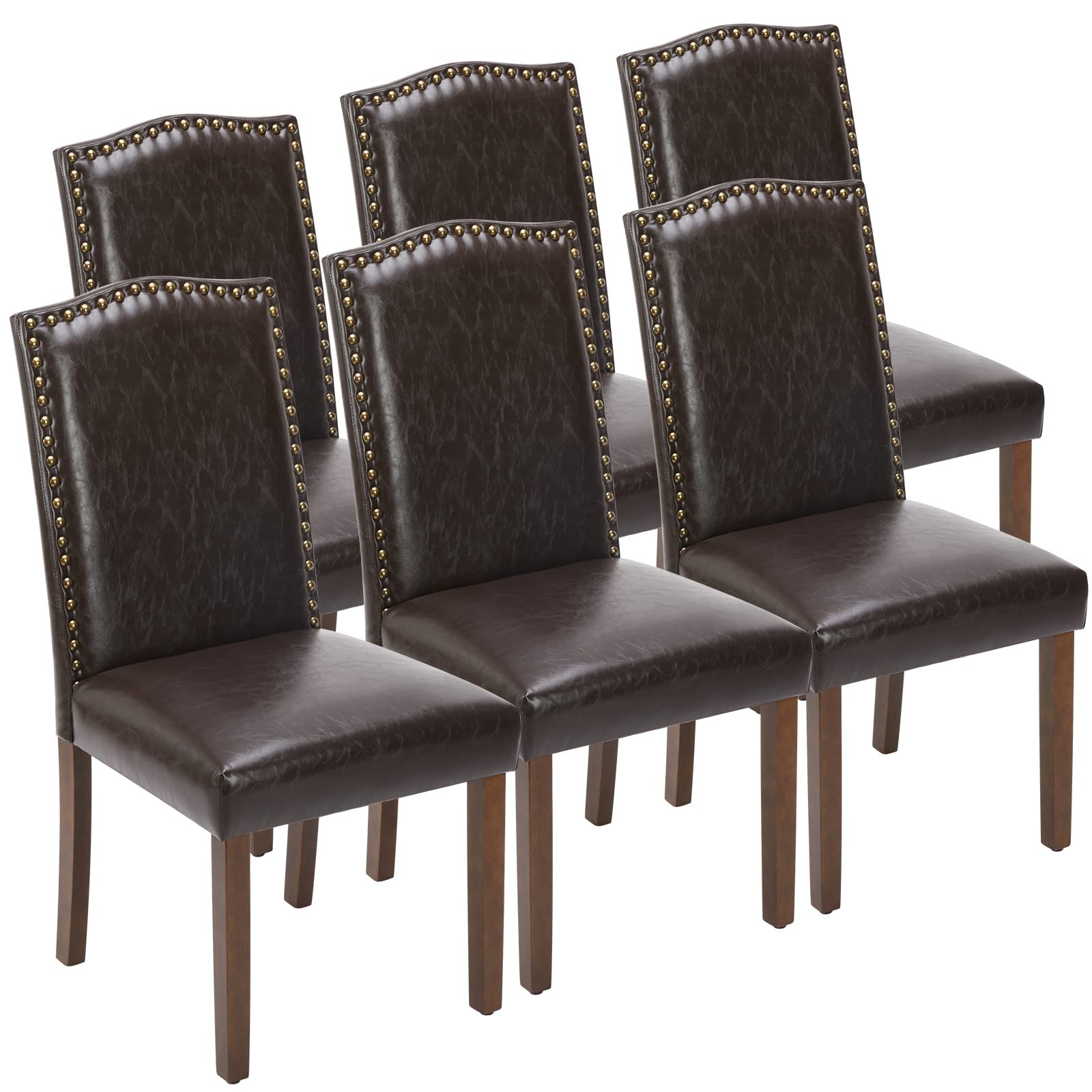DUMOS 6-Piece Upholstered Dining Chair Set - Modern Leather Dining Room Chairs with Nailhead Trim & Solid Wood Legs - Mid-Century Style Accent Chairs for Kitchen, Living Room, Dining Area - Dark Brown - Perfect for Family Gatherings & Dinner Parties