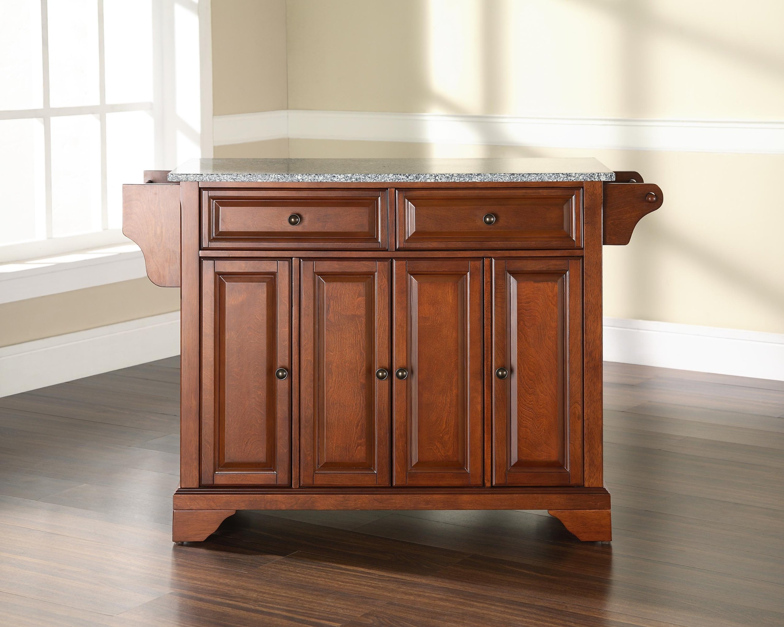 Crosley LaFayette Granite Top Rolling Kitchen Island Cart with Storage, Microwave Stand & Spice Rack - Cherry Finish for Modern Kitchens & Small Spaces