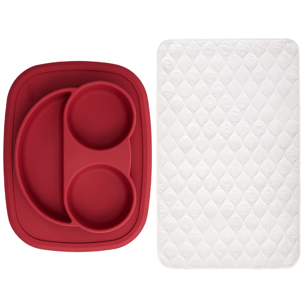 Gorilla Grip Silicone Baby Food Plate & Incontinence Pad Set - Microwave & Dishwasher Safe Toddler Plate (Red) + 52x44 Inch Absorbent Incontinence Pad (White, Holds 11 Cups) - Perfect for Mealtime & Home Care