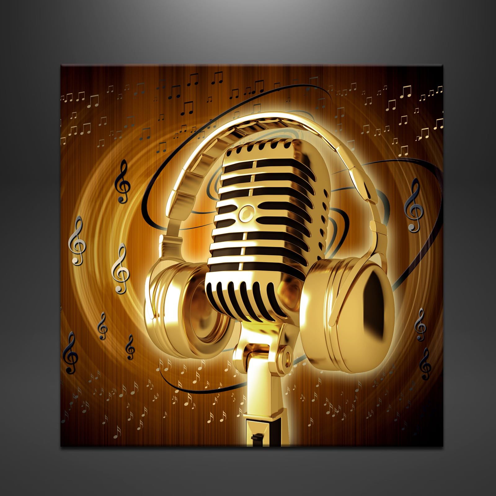 Gold Metal Microphone & Headset Music Wall Art - 24x24 Inch Canvas Print with Musical Notes, Stretched & Framed Ready to Hang - Perfect for Home Studio, Living Room & Office Decor - Modern Music Lover Gift Idea