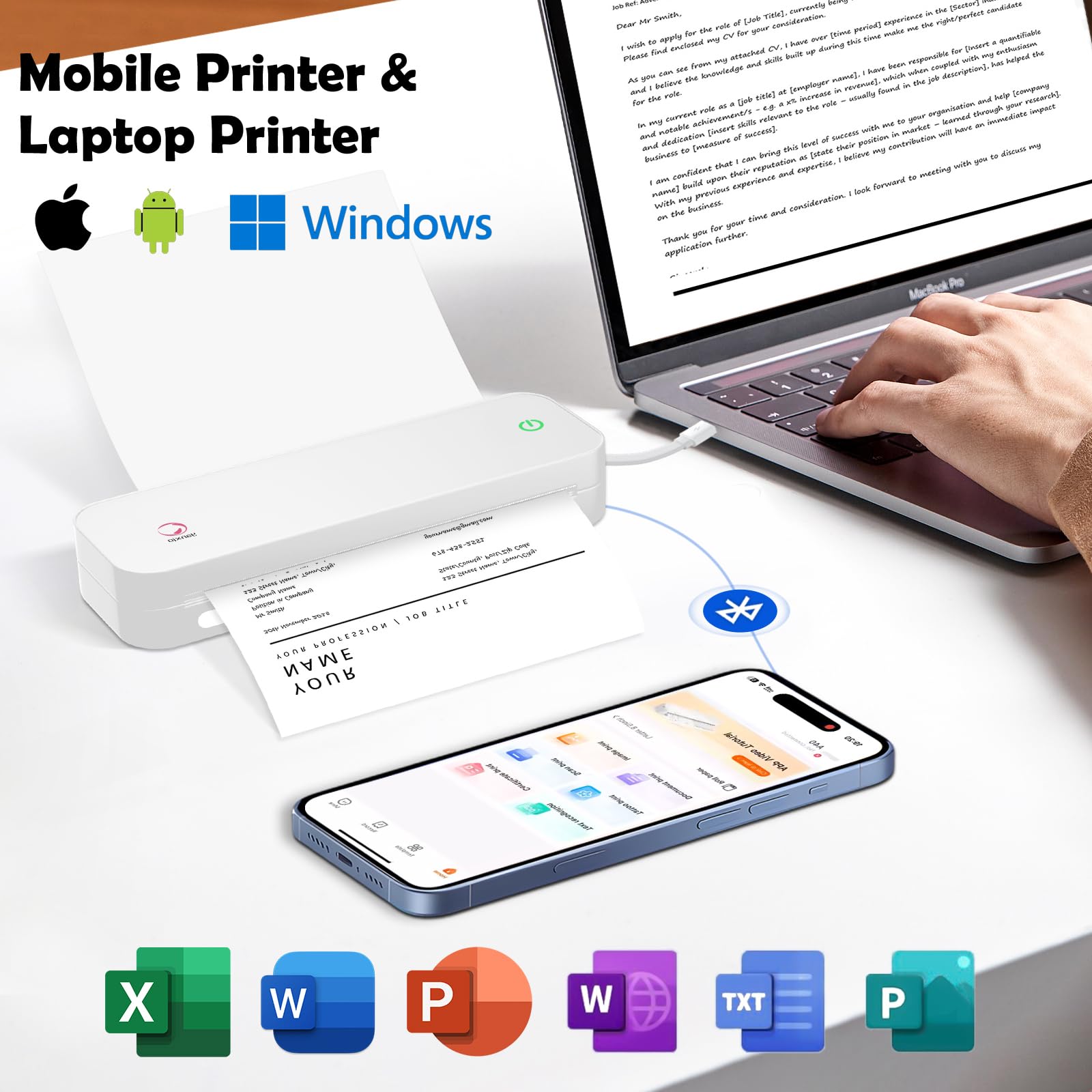 Wireless Portable Printer for Travel & Office - Compact A4/A5/8.5x11 Thermal Printer for iOS, Android, Windows - Perfect for Home, School, Business Trips & On-the-Go Printing (White)