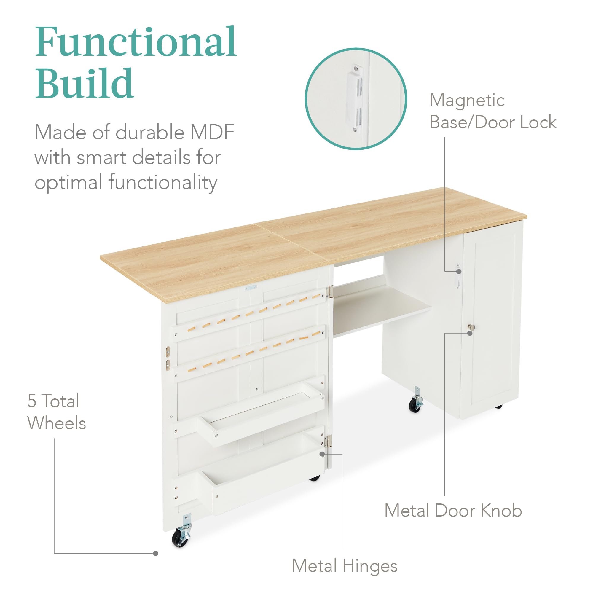 Best Choice Products Large Folding Sewing Table - Portable Craft Station with Storage Shelves, 2 Trays & Magnetic Doors - Natural/White | Perfect for Quilting, Sewing Projects & DIY Crafts at Home