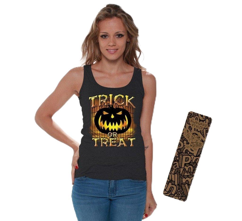 Awkwardstyles Women's Halloween Pumpkin Trick or Treat Graphic Tank Top - Cute Jack-O-Lantern Design with Free Bookmark - Perfect for Costume Parties & Spooky Season Outfits