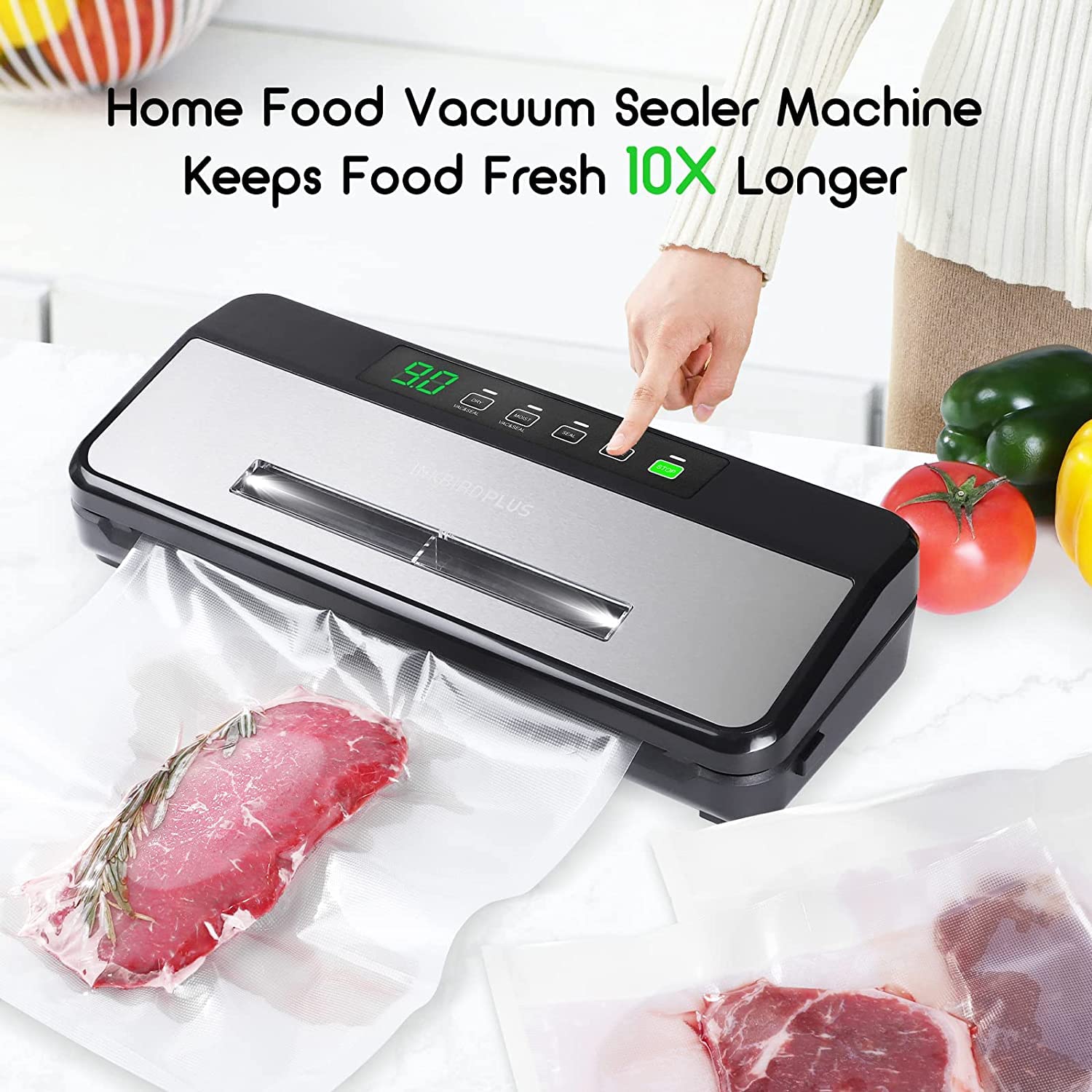INKBIRD Automatic Food Vacuum Sealer Machine with Sealing-Time Countdown, Viewable Window, Built-in Cutter & Roll Storage - 5 Modes, LED Indicator - Includes 5 Vacuum Seal Bags & 1 Roll - Perfect for Meal Prep, Sous Vide, Food Storage & Freezing