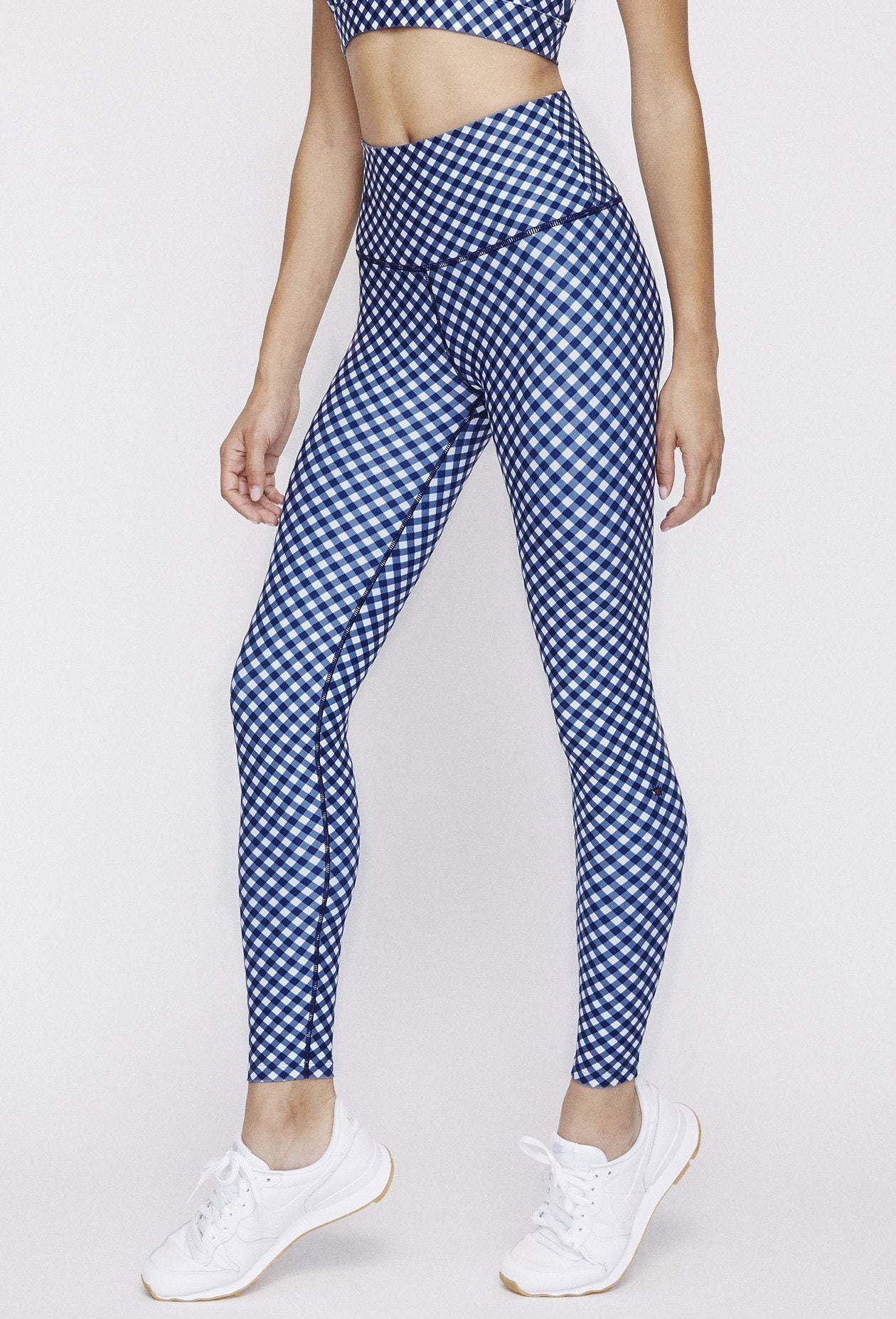 High Waist Reversible Leggings for Women - Navy & Sunshine Gingham Print - Comfortable Yoga Pants for Workout, Lounge & Everyday Wear