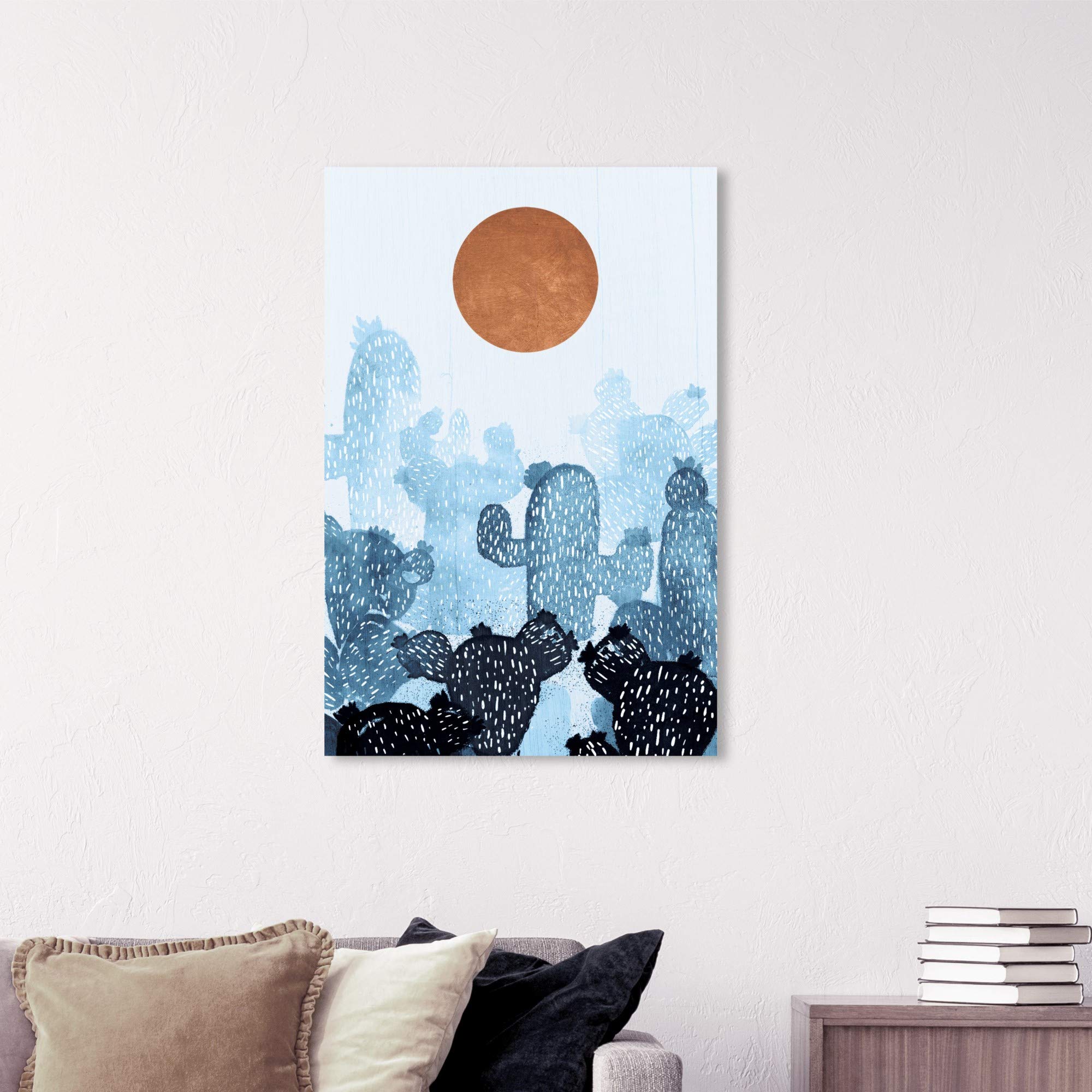 Wynwood Studio Floral and Botanical Wall Art Canvas Prints - Cactus Copper Sun Home Décor Painting, 24x36 Inches, Blue and Orange - Perfect for Living Room, Bedroom & Office Wall Decor