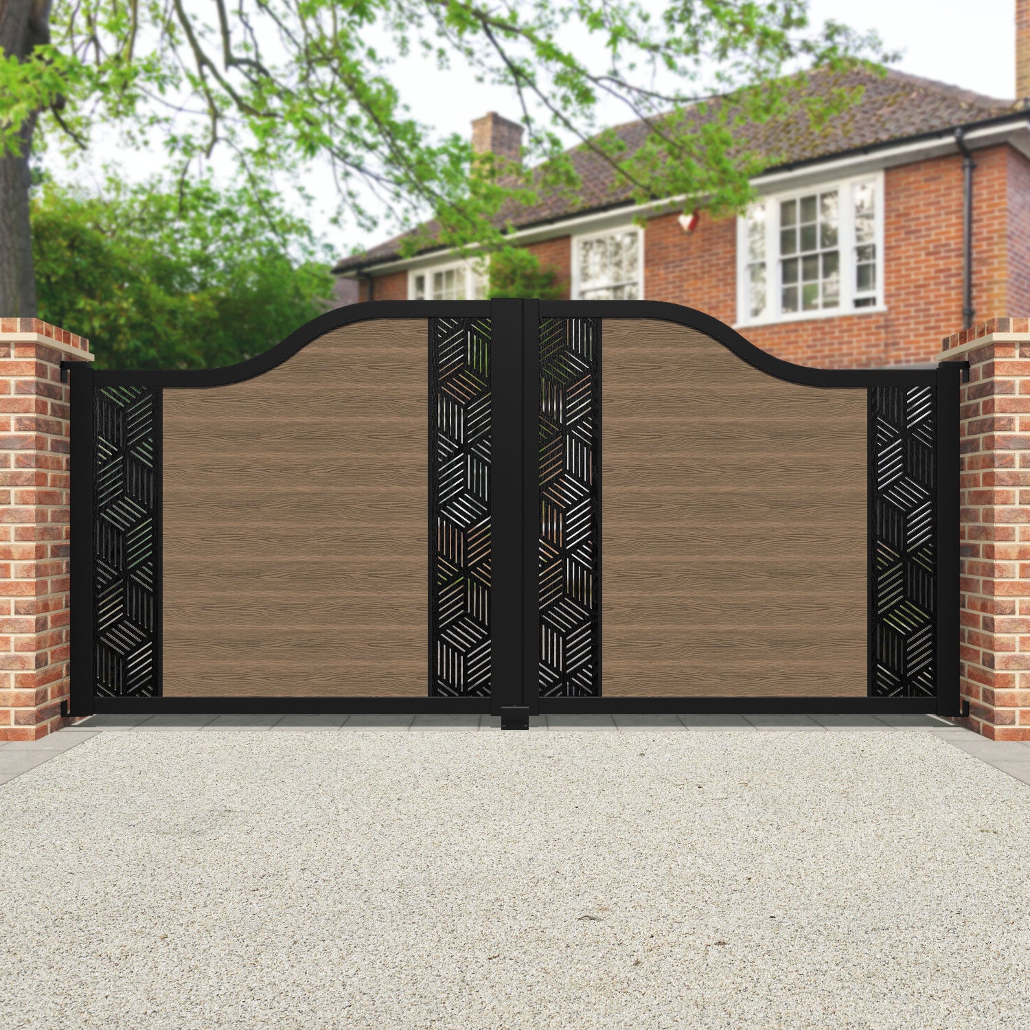 Premium Teak Wood Classic Cubed Curved Top Driveway Gate with Middle & End Screen - Elegant Garden & Estate Entrance Solution for Enhanced Privacy & Security