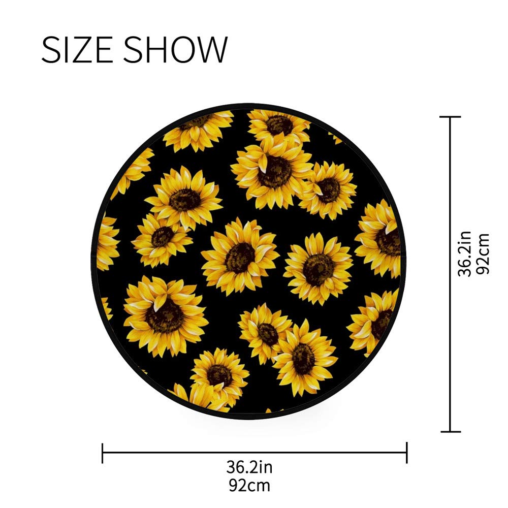 Modern Black Sunflower Round Area Rug - 3' Diameter Non-Slip Polyester Floor Mat for Living Room, Bedroom & Kids Play Area - Soft Yoga Mat Alternative for Home Decor & Playtime