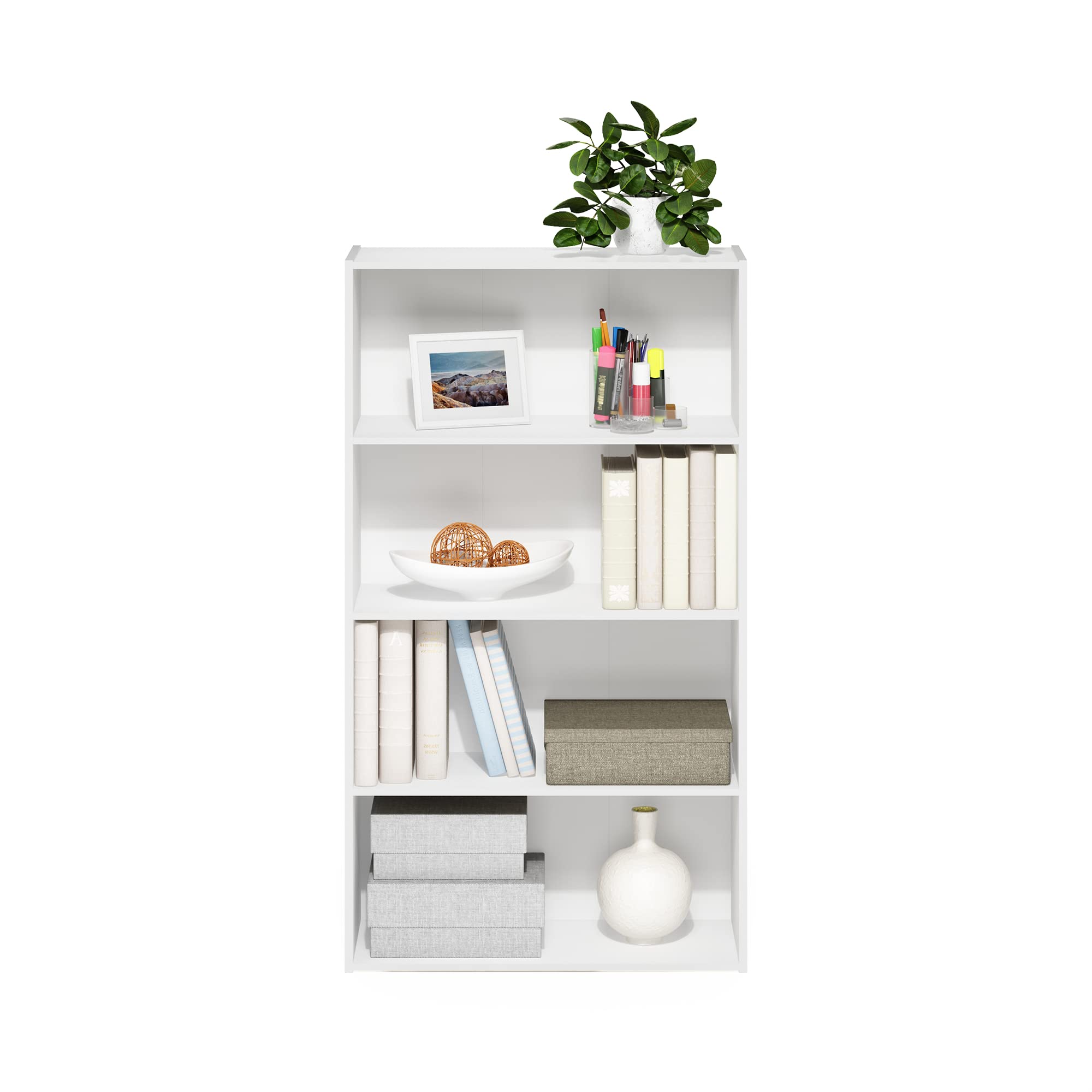 Furinno Pasir 4-Tier Bookcase, Bookshelf & Storage Shelf Organizer - White | Perfect for Home Office, Living Room & Bedroom Organization