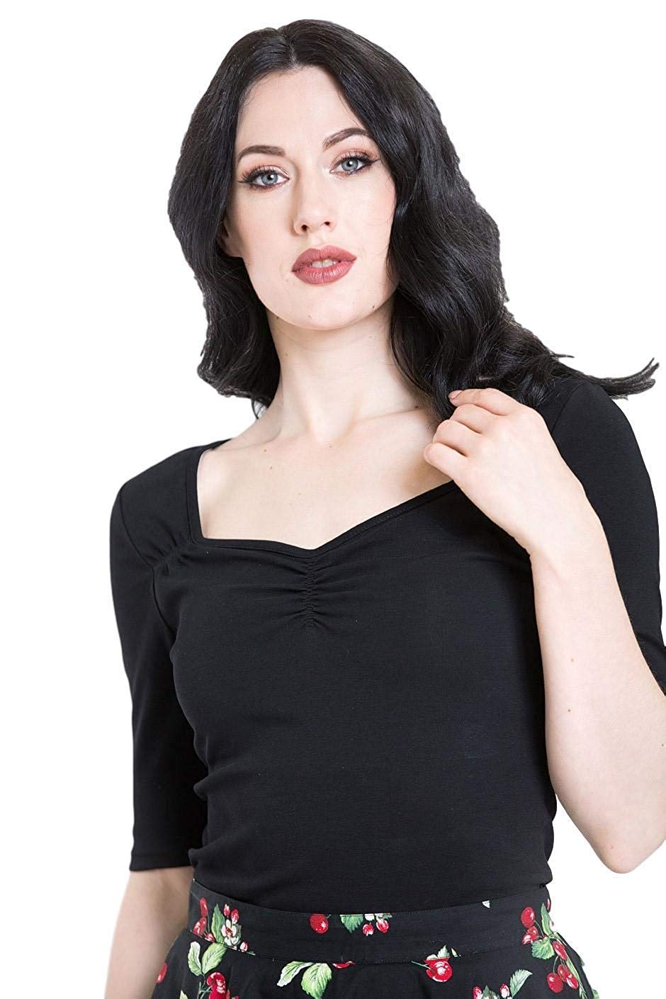 Hell Bunny Philippa Vintage Style Jersey Top - Women's 3/4 Sleeve V-Neck Blouse in Burgundy - Size Small - Retro Fashion for Casual Wear, Date Nights & Office Outfits