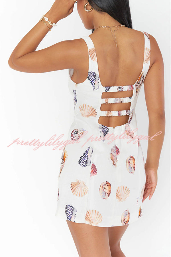 Steph Linen Blend Shells Print Mini Dress with Elastic Back - Summer Beach Wear, Casual Outing, Boho Chic Style
