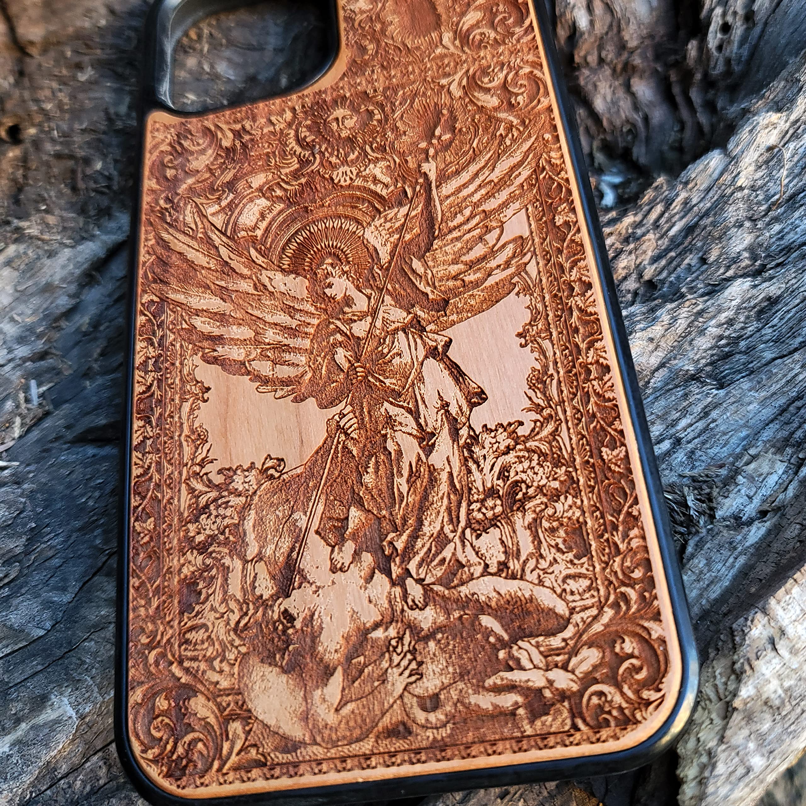 Saint Michael the Archangel Laser Engraved Wood Phone Case for iPhone 16/15/14/13/12/11 Pro Max/Mini & Galaxy S25/S24/S23/S22/S21/S20 Ultra Plus - Slim Durable Eco-Friendly Wooden Cover - Perfect for Daily Use, Travel & Gift Giving