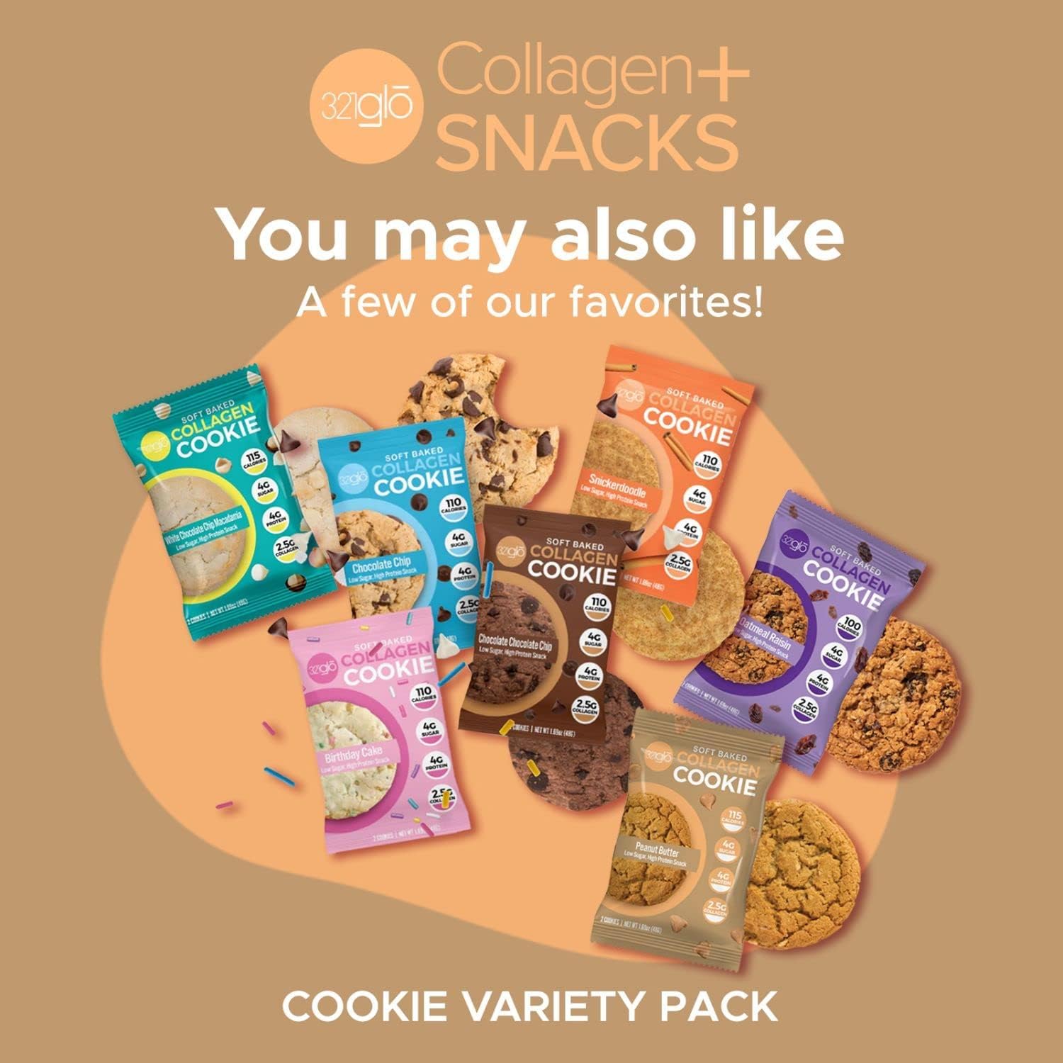 321glo Collagen Cookies - Soft Baked High Protein Low Carb Keto Snacks for Women, Men & Kids | Peanut Butter Flavor | 12 Pack | Perfect for On-the-Go Snacking, Weight Loss & Healthy Lifestyle