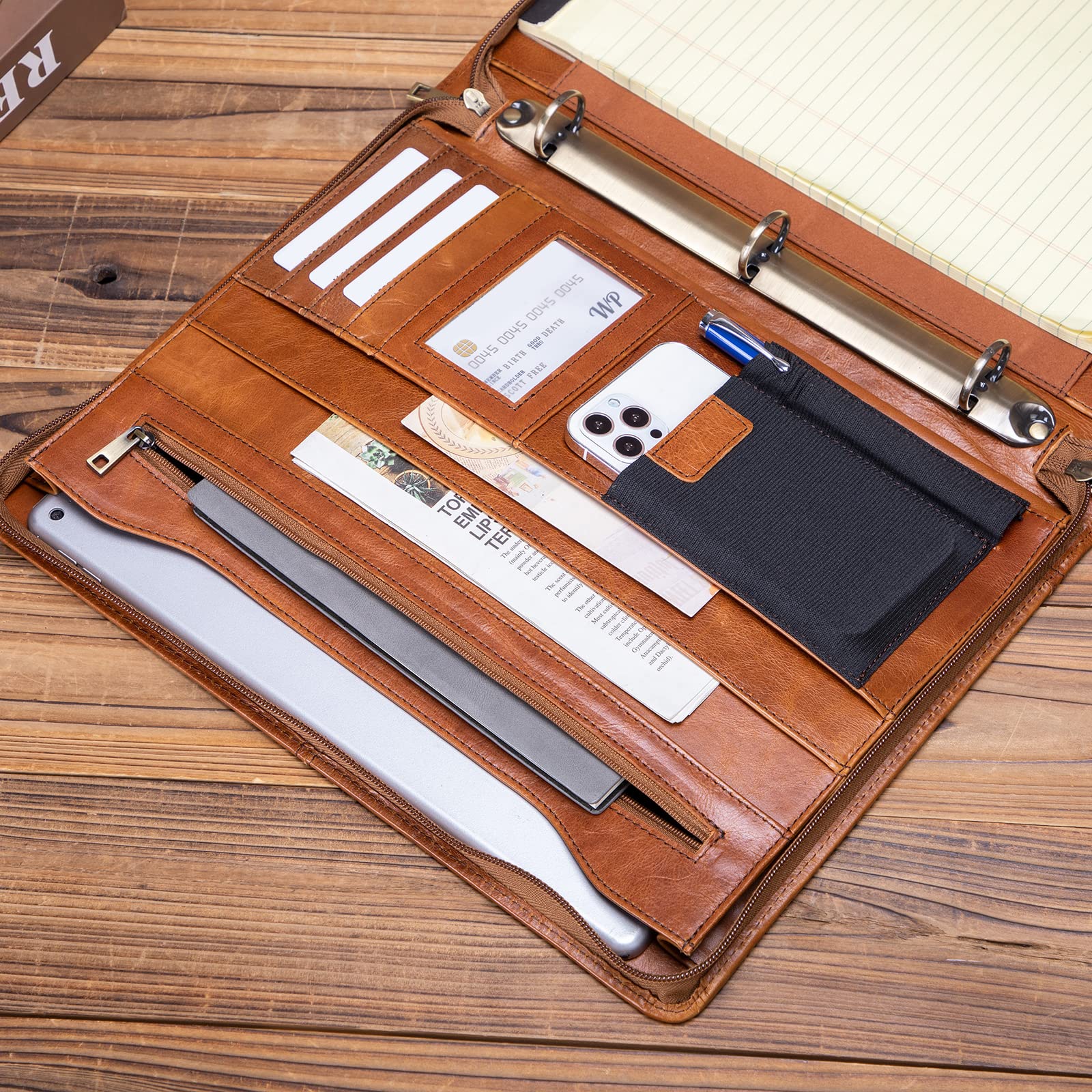 Premium Genuine Full Grain Leather Portfolio with 3-Ring Binder - Zippered A4 Notebook Holder & Laptop Sleeve - Professional Organizer Folder for Men & Women (Brown, Oil-Tanned) - Perfect for Business Meetings, Office Work & Executive Gifts