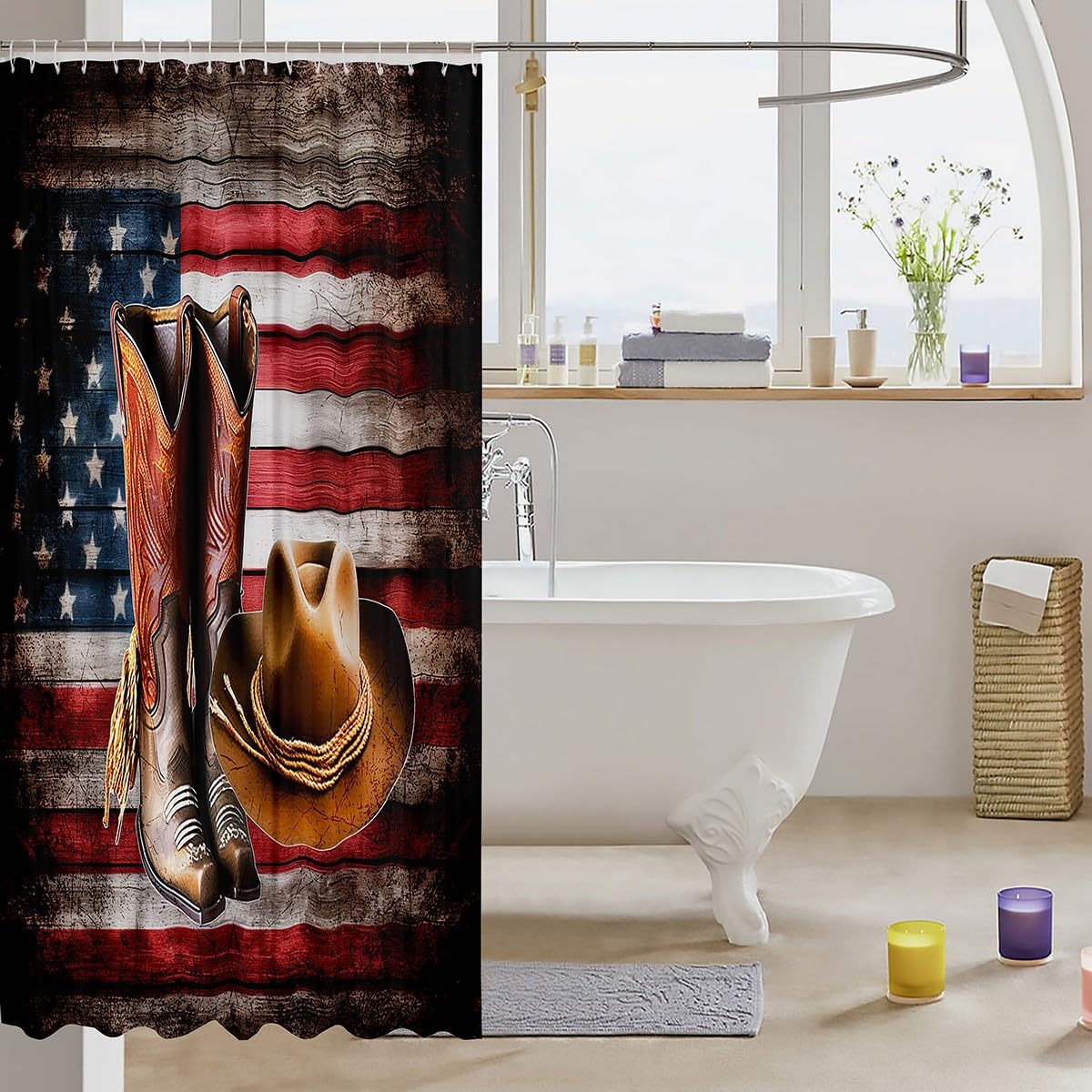 American Flag Western Cowboy Shower Curtain 72x72 Inches - Wild West Rodeo Bathroom Decor for Kids with Grunge Design - Perfect for Cowboy Themed Bathrooms & Western Style Home Decor
