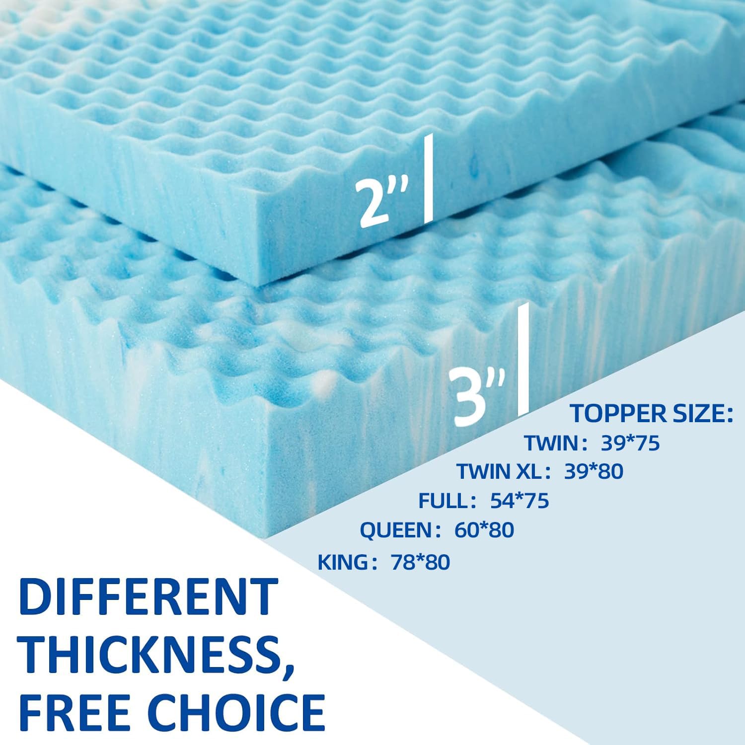 SINWEEK 3 Inch Memory Foam Mattress Topper Twin XL - CertiPUR-US Certified Cooling Mattress Pad for Pressure Relief - 39x80 Inches Blue - Perfect for College Dorm Beds, Guest Rooms & Single Beds