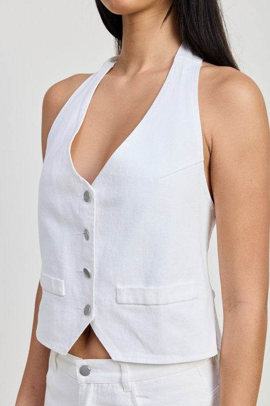 Women's Stylish Button-Up Halter Neck Top - Casual Summer Blouse for Beach, Party & Date Night Outfits
