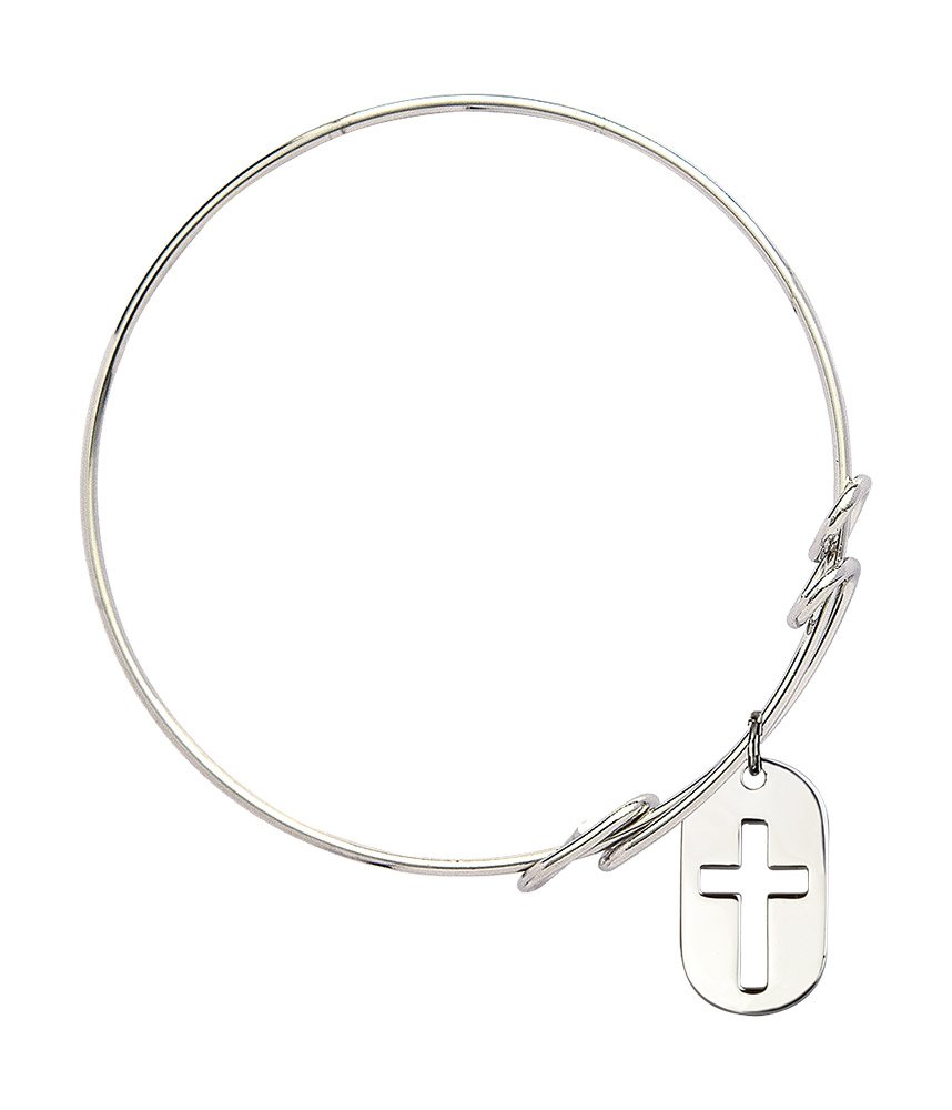 Sterling Silver Round Double Loop Bangle Bracelet with Cross Dog Tag - Elegant Jewelry for Women, Perfect for Everyday Wear, Gifts & Special Occasions