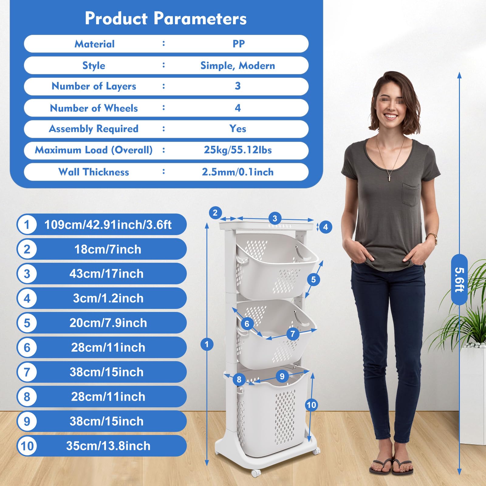 Large Rolling Laundry Basket Tower with Wheels - 17 x 13 x 43 Inch Multifunctional Plastic Storage Organizer for Laundry Room, Bedroom & Closet | Space-Saving Laundry Hamper with Easy Mobility