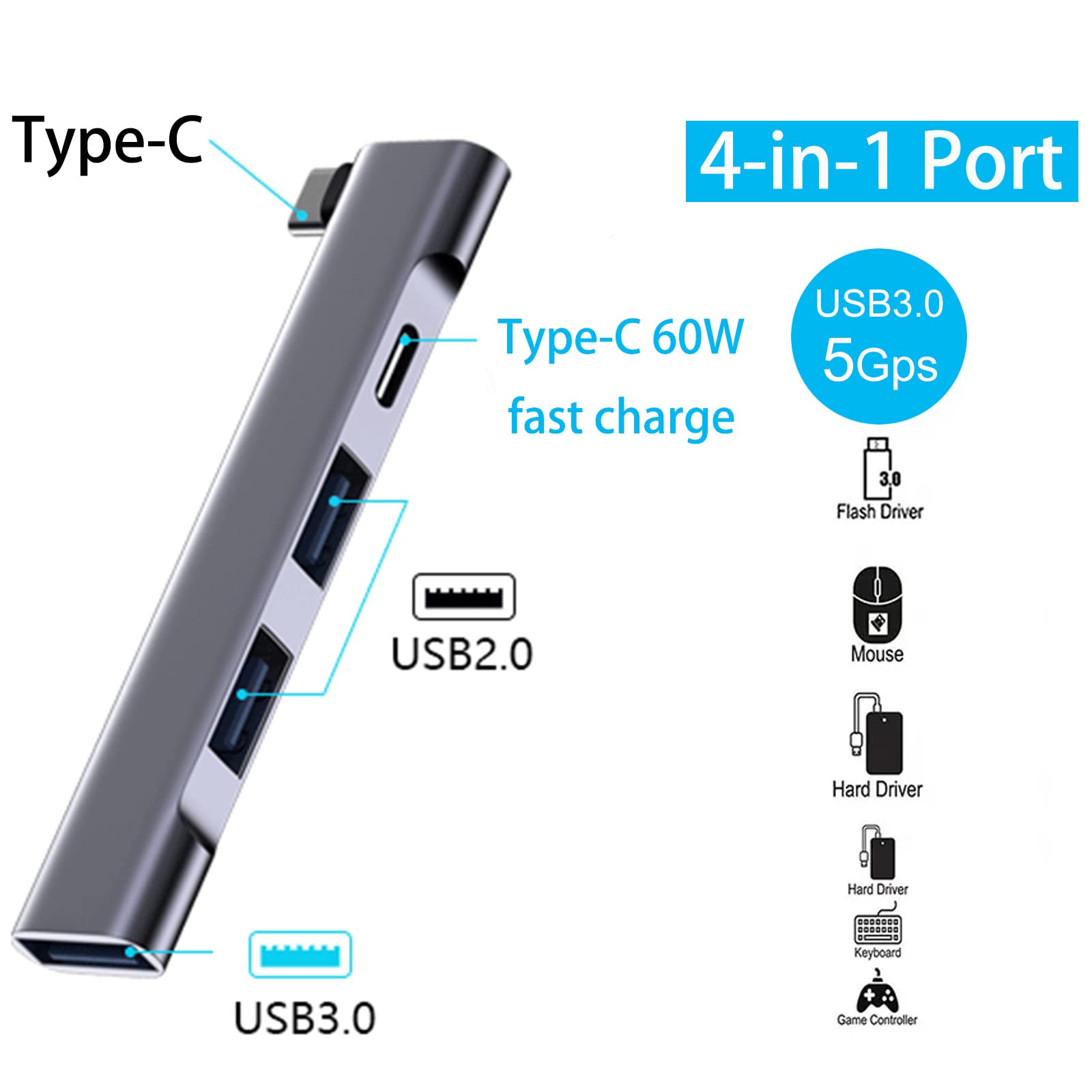 4-in-1 USB C Hub with 60W Fast Charging - USB 3.0 & 2.0 Ports Adapter for MacBook Air/Pro, iPad Pro, Laptops - Compact Multi-Port Splitter for Home Office & Travel Accessories