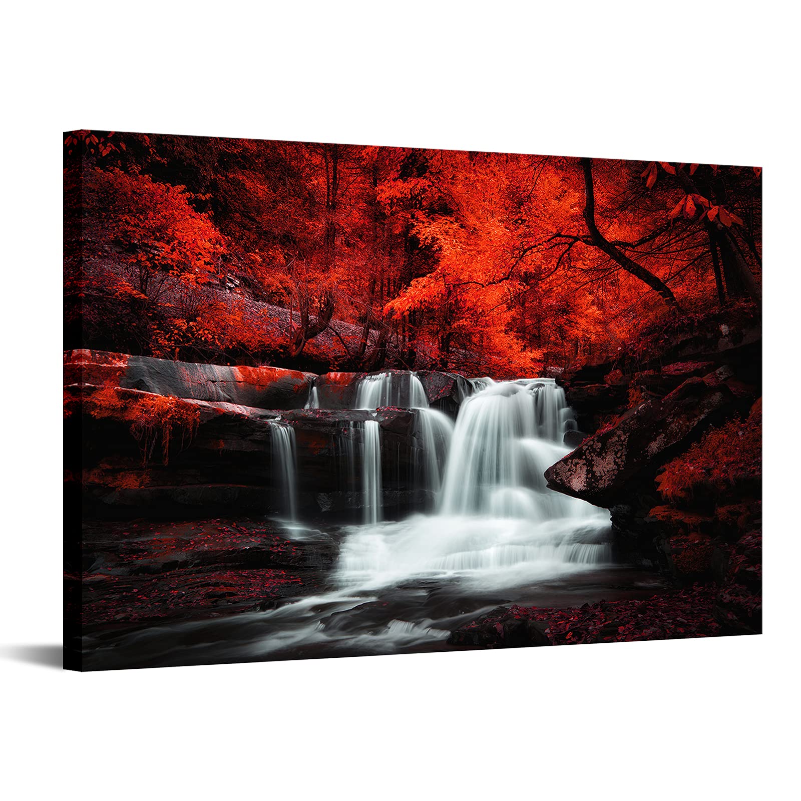 Conipit Black White and Red Wall Art - Autumn Red Forest Waterfall Canvas Painting, Framed Ready to Hang 24x36 Inch - Perfect for Living Room, Bedroom, or Office Decor