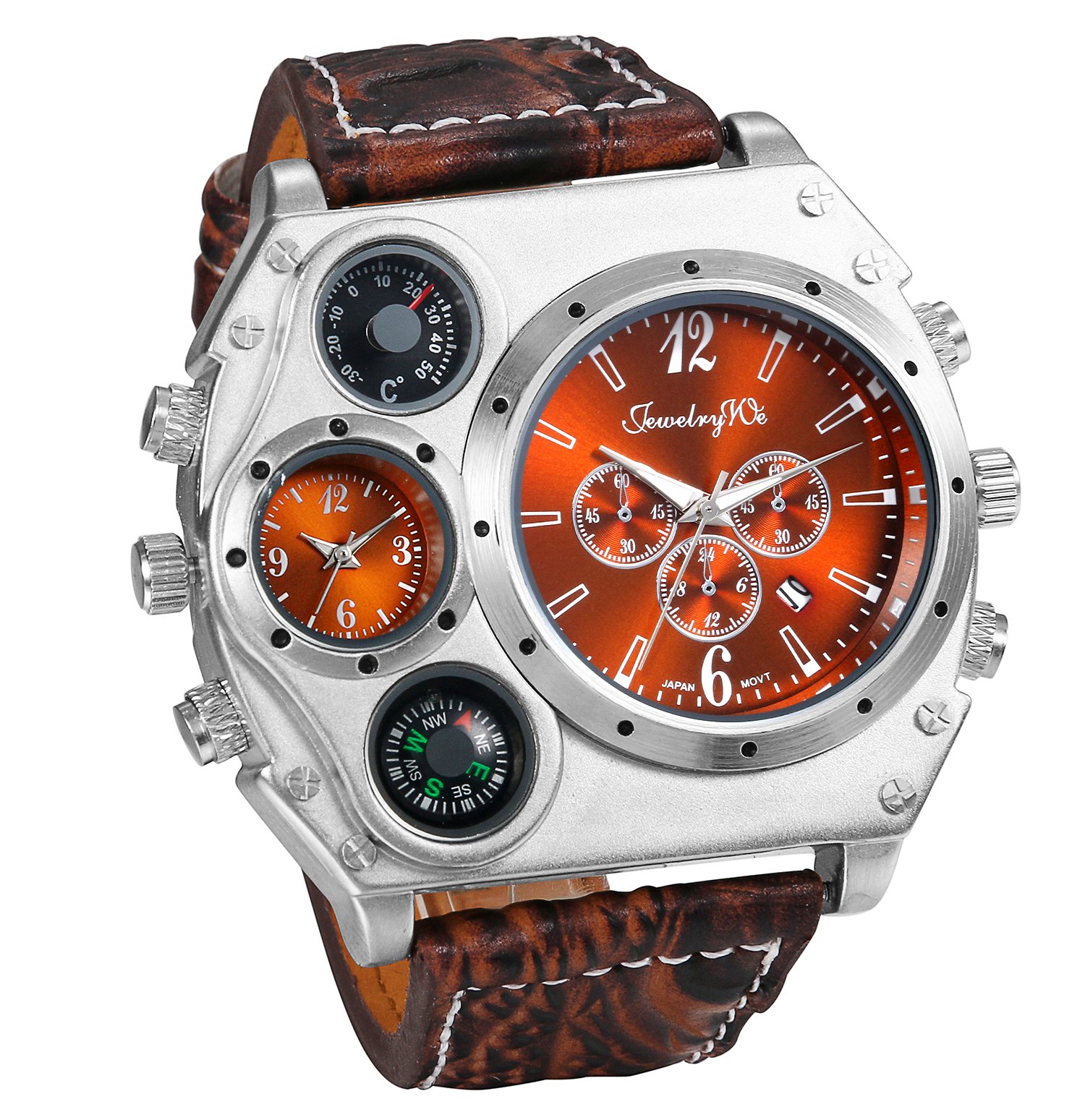 **Men's Military Wrist Watch - Large Face, Dual Time Zone, Brown Leather Strap, Analog Display - Perfect for Outdoor Adventures, Travel & Casual Wear**
