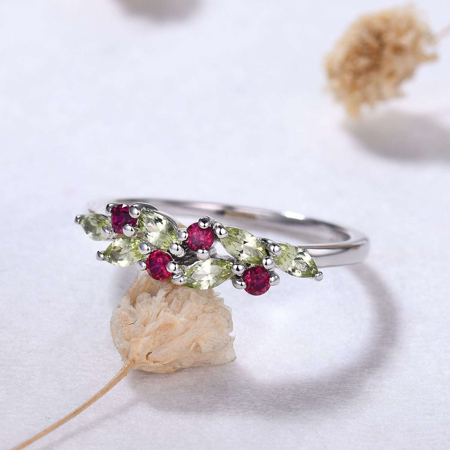 Marquise Peridot and Ruby Cluster Wedding Band Ring in 14K White Gold - Elegant Multicolor Bridal Jewelry for Engagement, Anniversary & Special Occasions