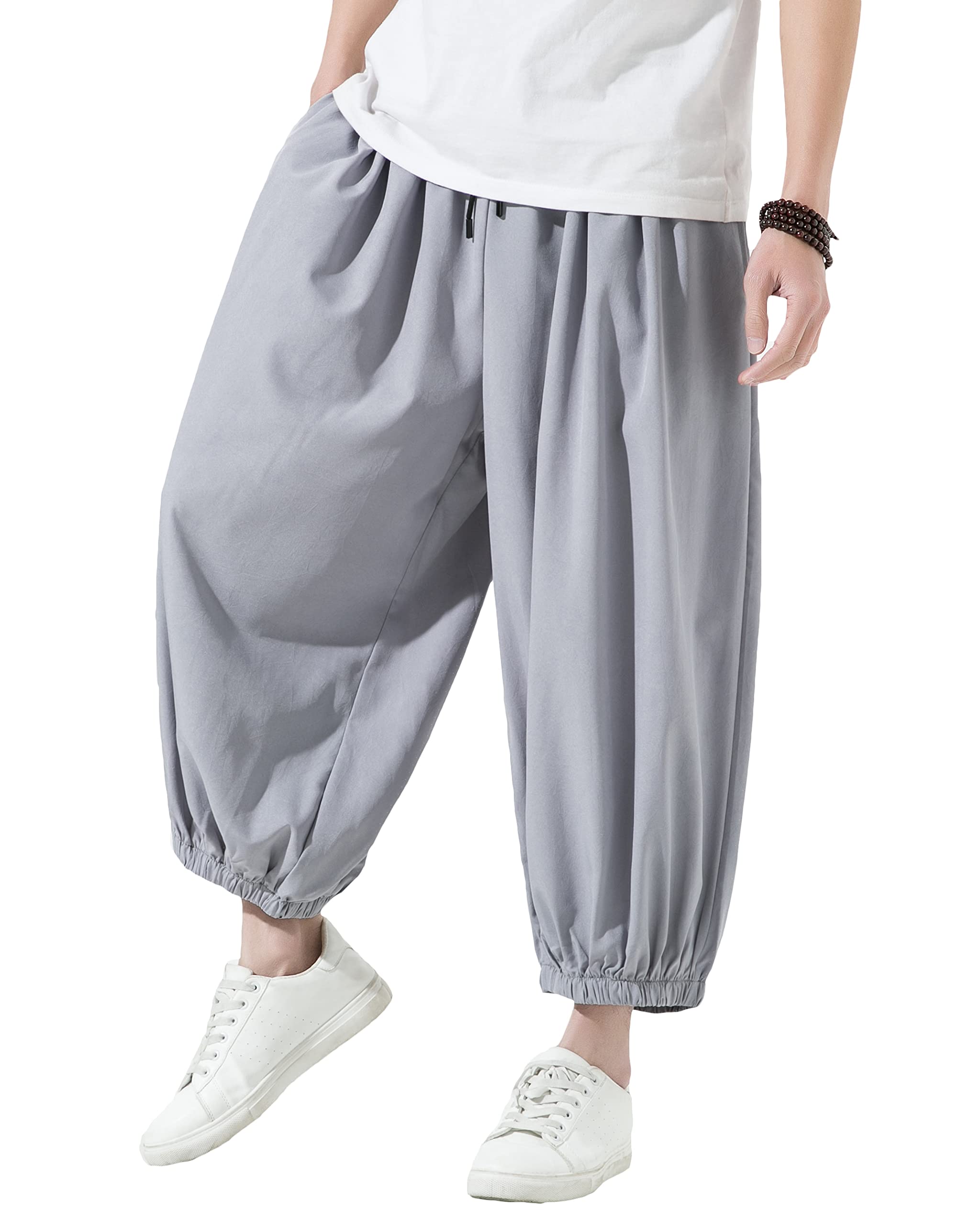**PRIJOUHE Men's Casual Baggy Pants - Lightweight Loose Drop Crotch Harem Joggers with Elastic Waist - Cropped Sweatpants for Streetwear, Lounge & Travel**