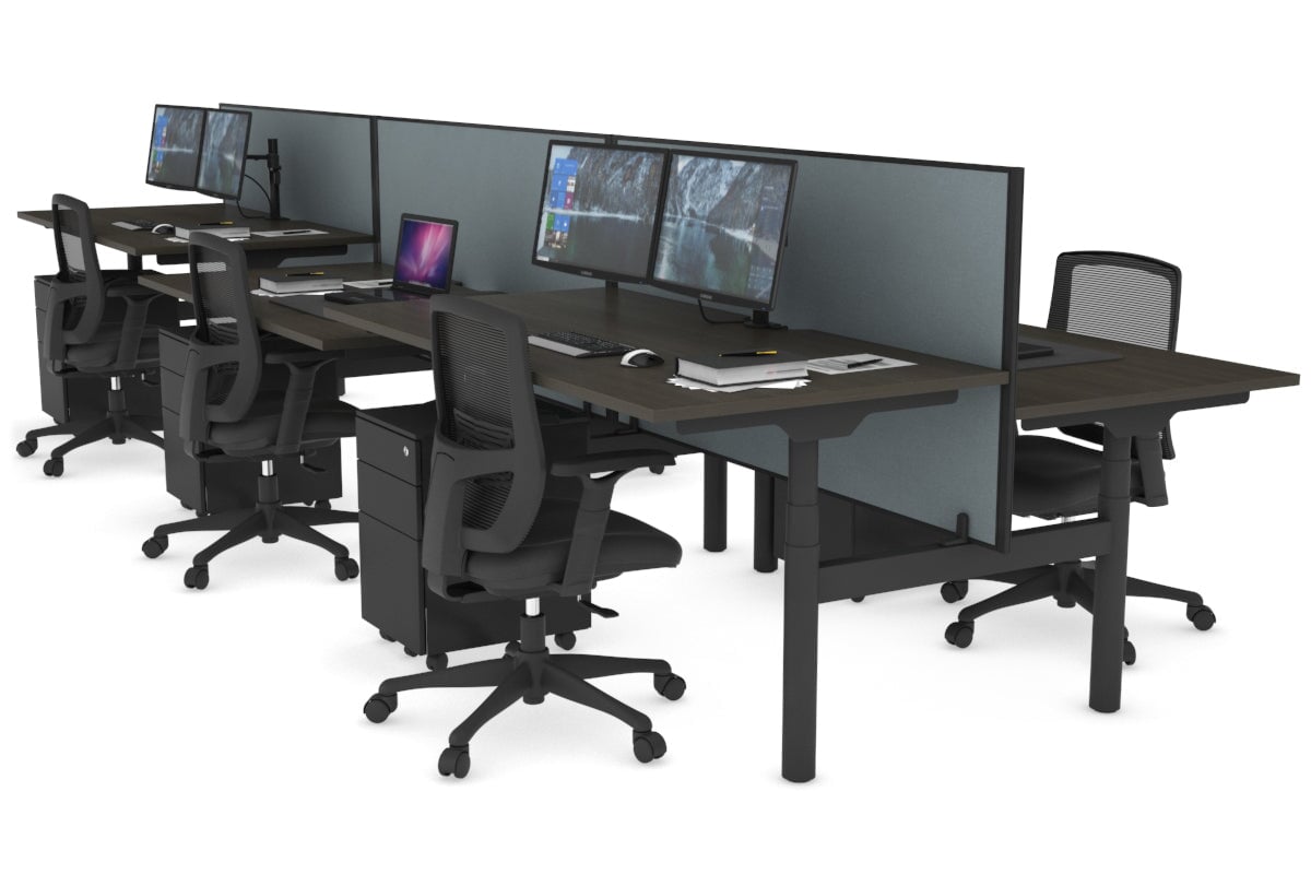 Flexi Premium Height Adjustable 6-Person H Bench Workstation - Black Frame [1600L x 800W with Cable Management] - Ideal for Office, Coworking Spaces & Home Offices